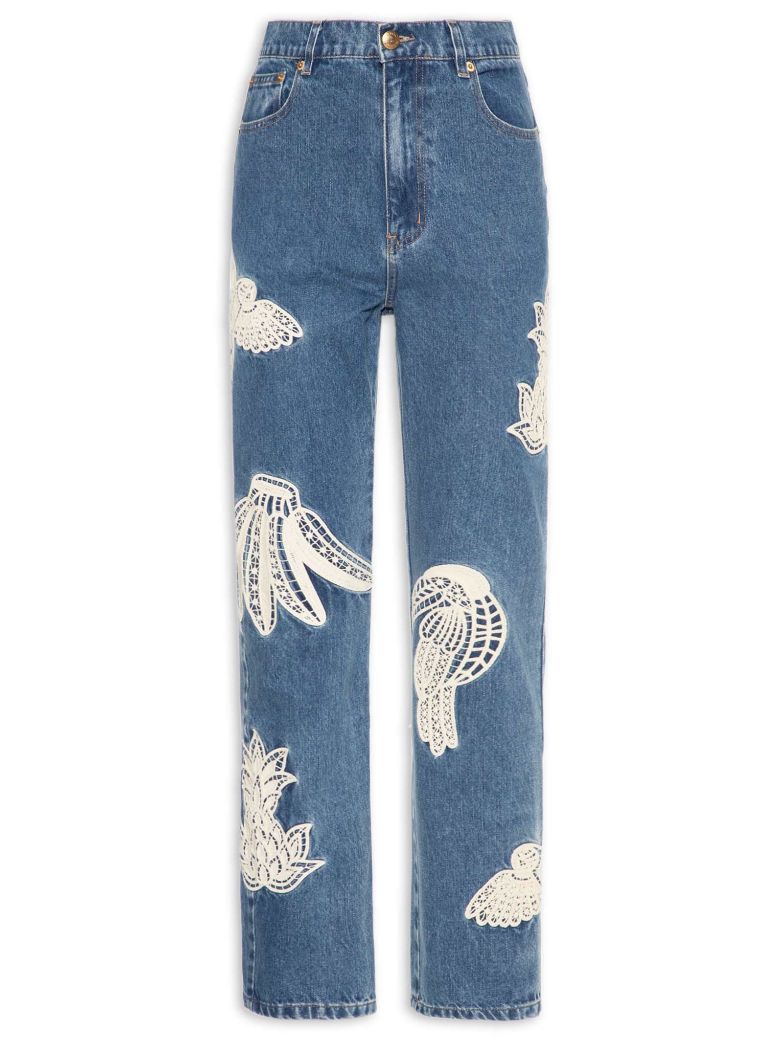 Calça Jeans Feminina Bordado Guipure Azul Farm