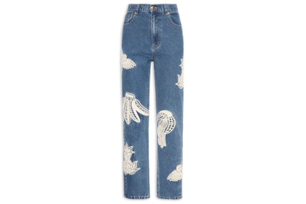 Calça Jeans Feminina Bordado Guipure - Azul
