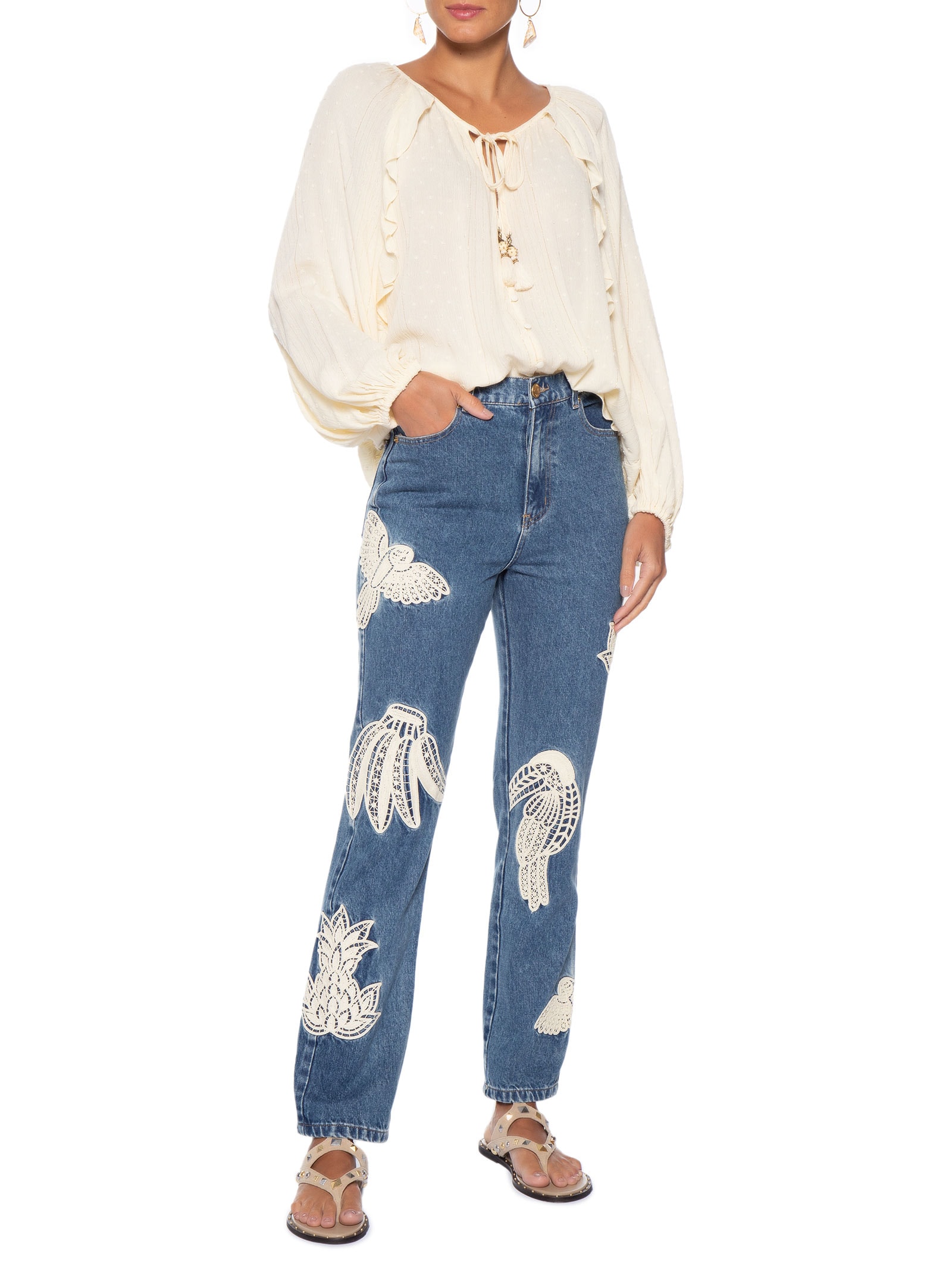 Calça Jeans Feminina Bordado Guipure Azul Farm