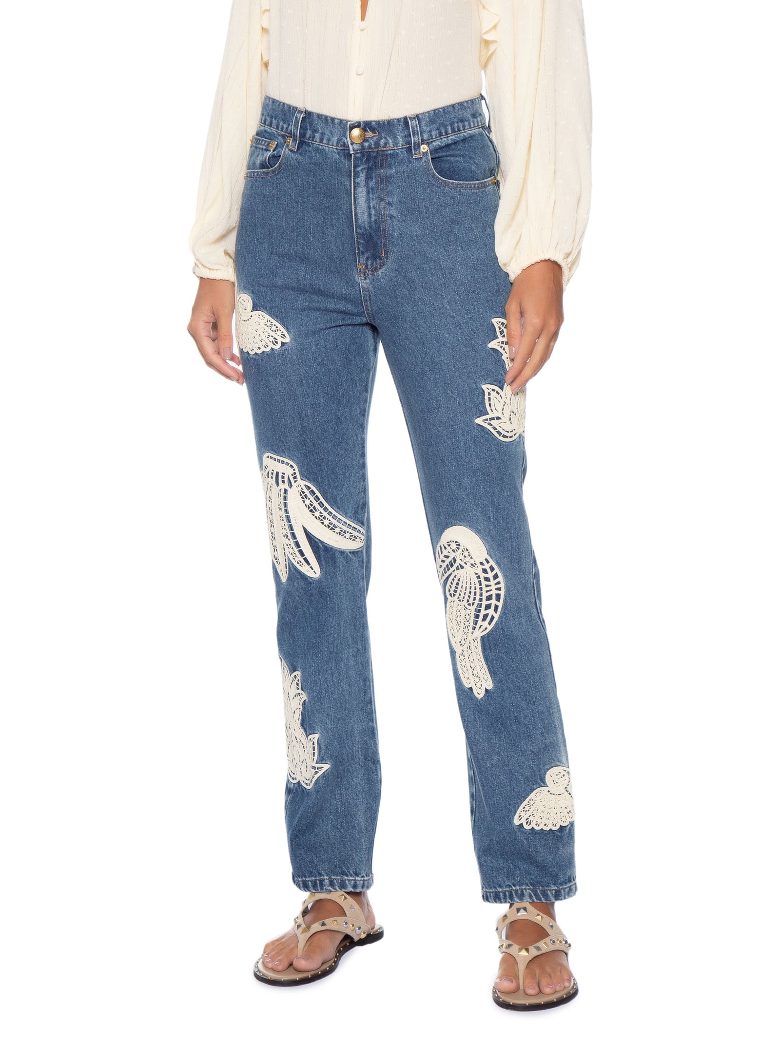 Calça Jeans Feminina Bordado Guipure Azul Farm
