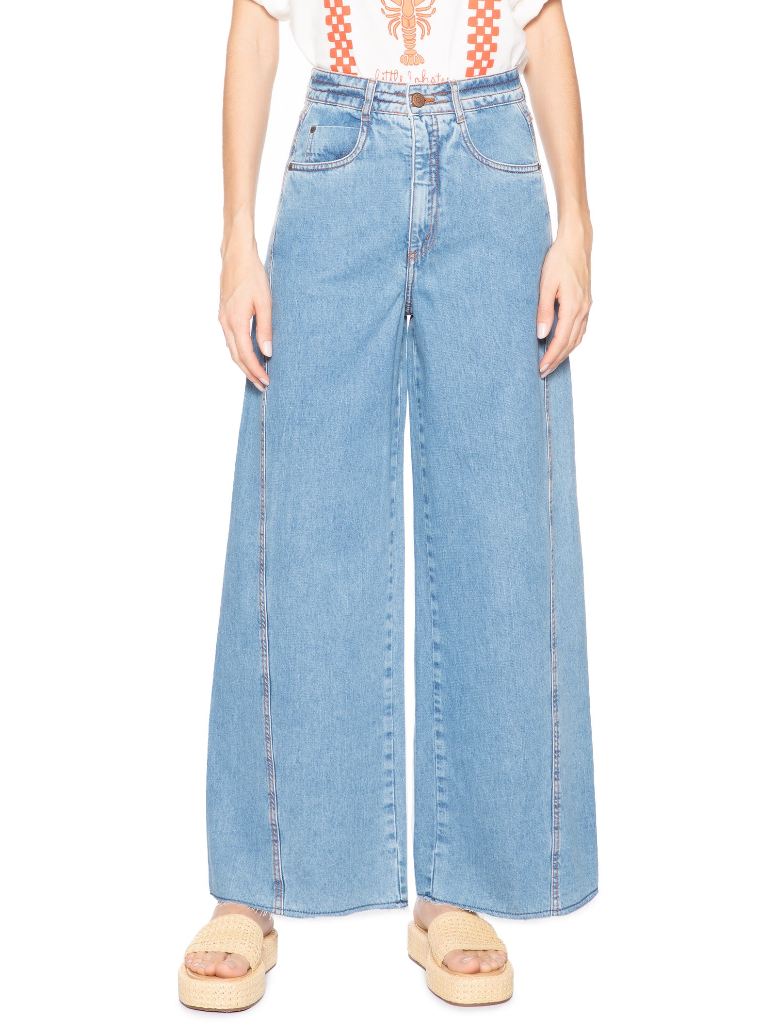 Calça Jeans Feminina Costura Deslocada Pespontos Azul Dress To