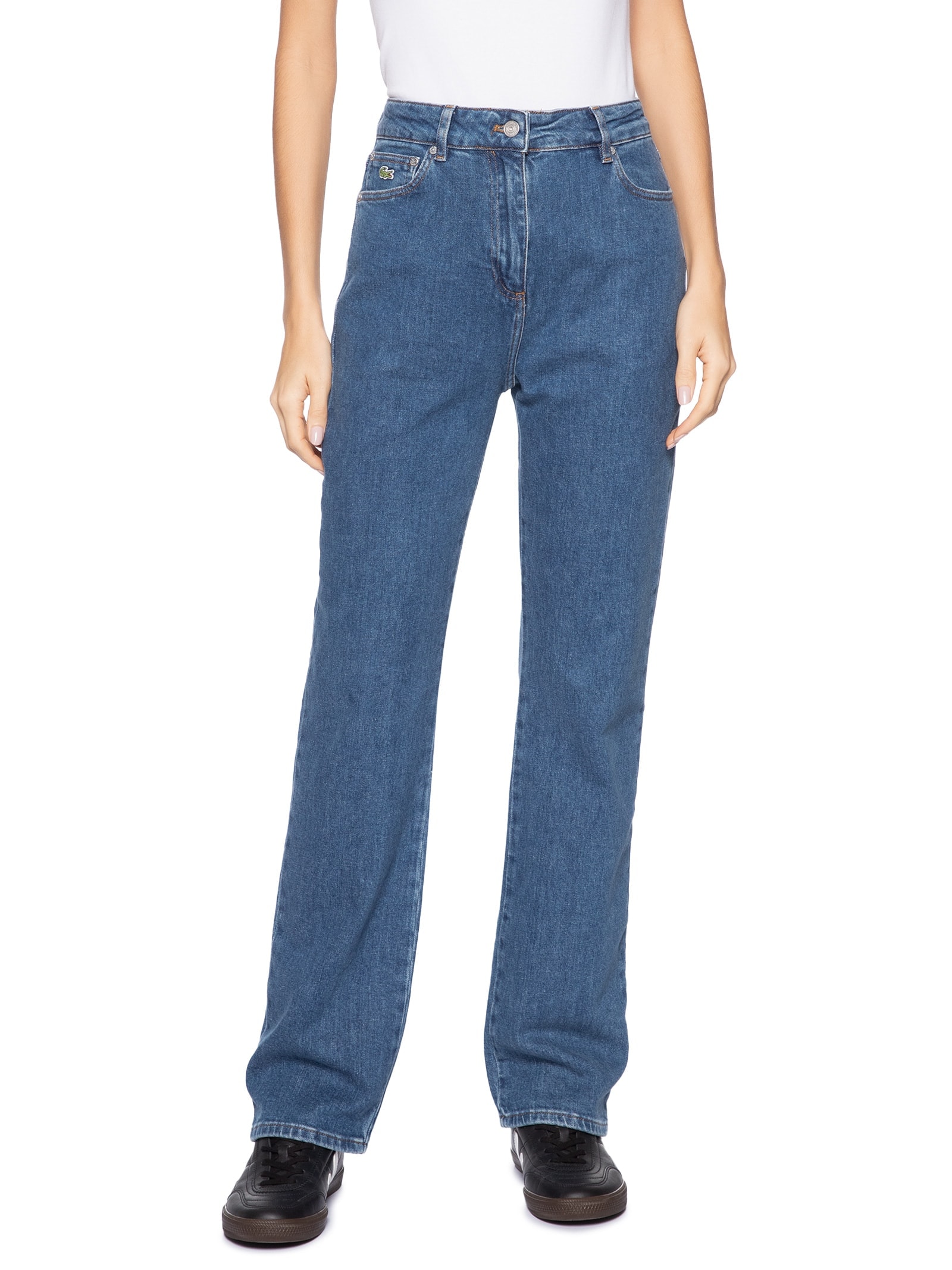 Calça Jeans Feminina  De Cintura Alta Com Caimento Reto  Azul Lacoste