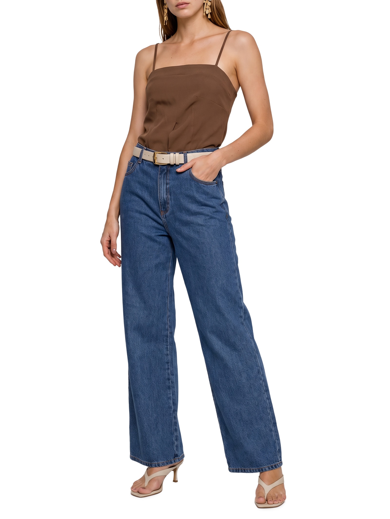 Calça Jeans Feminina Full Lenght Cintura Média Azul Lança Perfume
