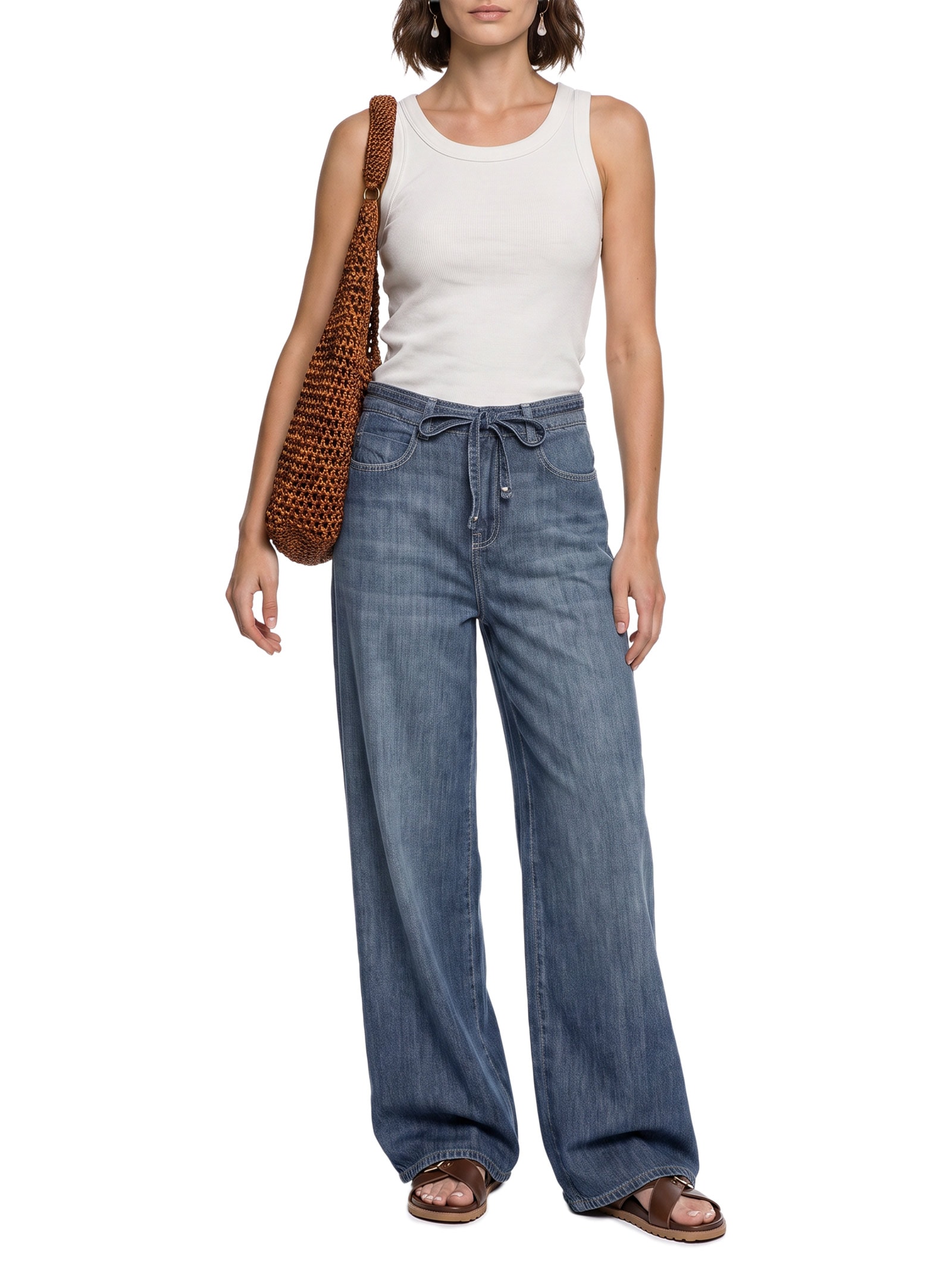 Calça Jeans Feminina I Pantalona Amarração Azul Cantão