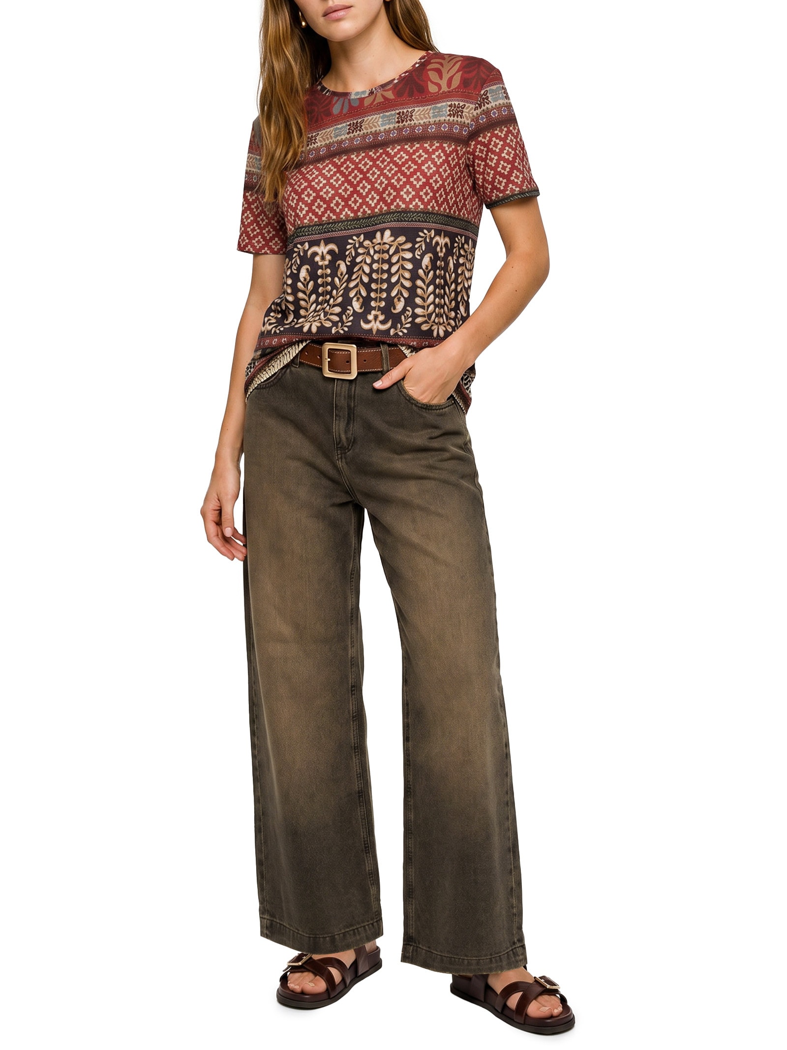 Calça Jeans Feminina I Wide Leg Brown Denim Marrom Cantão