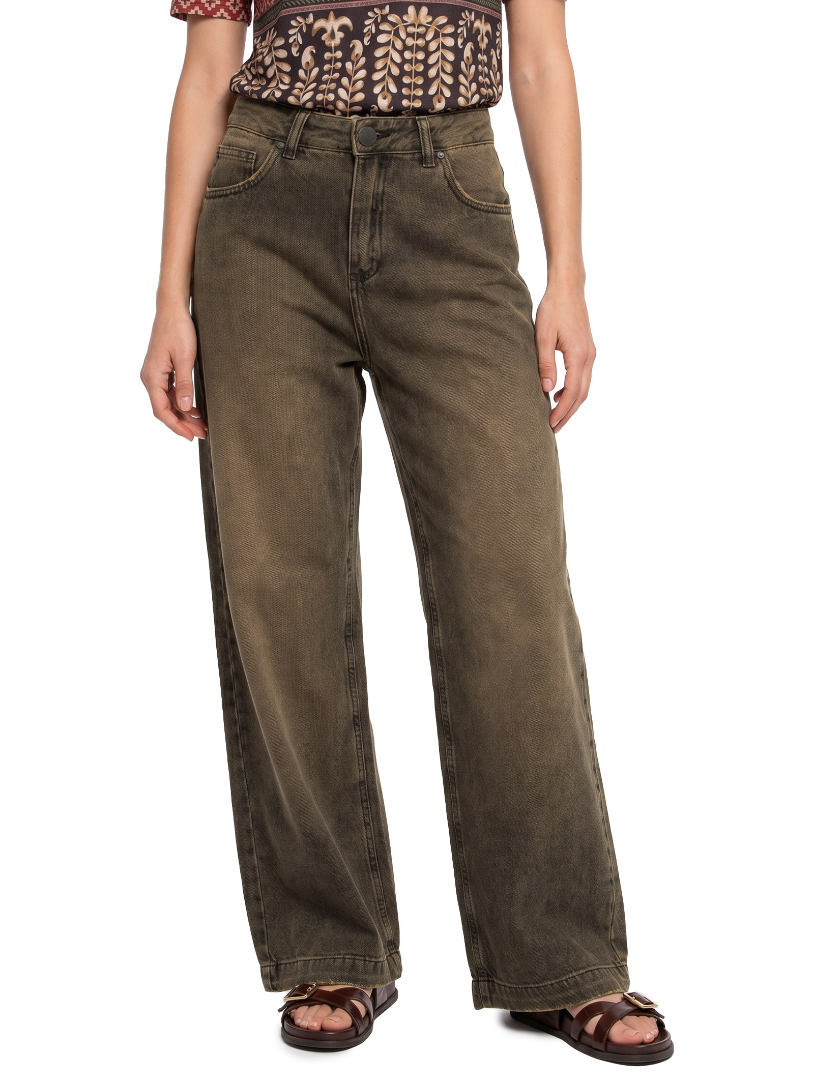 Calça Jeans Feminina I Wide Leg Brown Denim Marrom Cantão