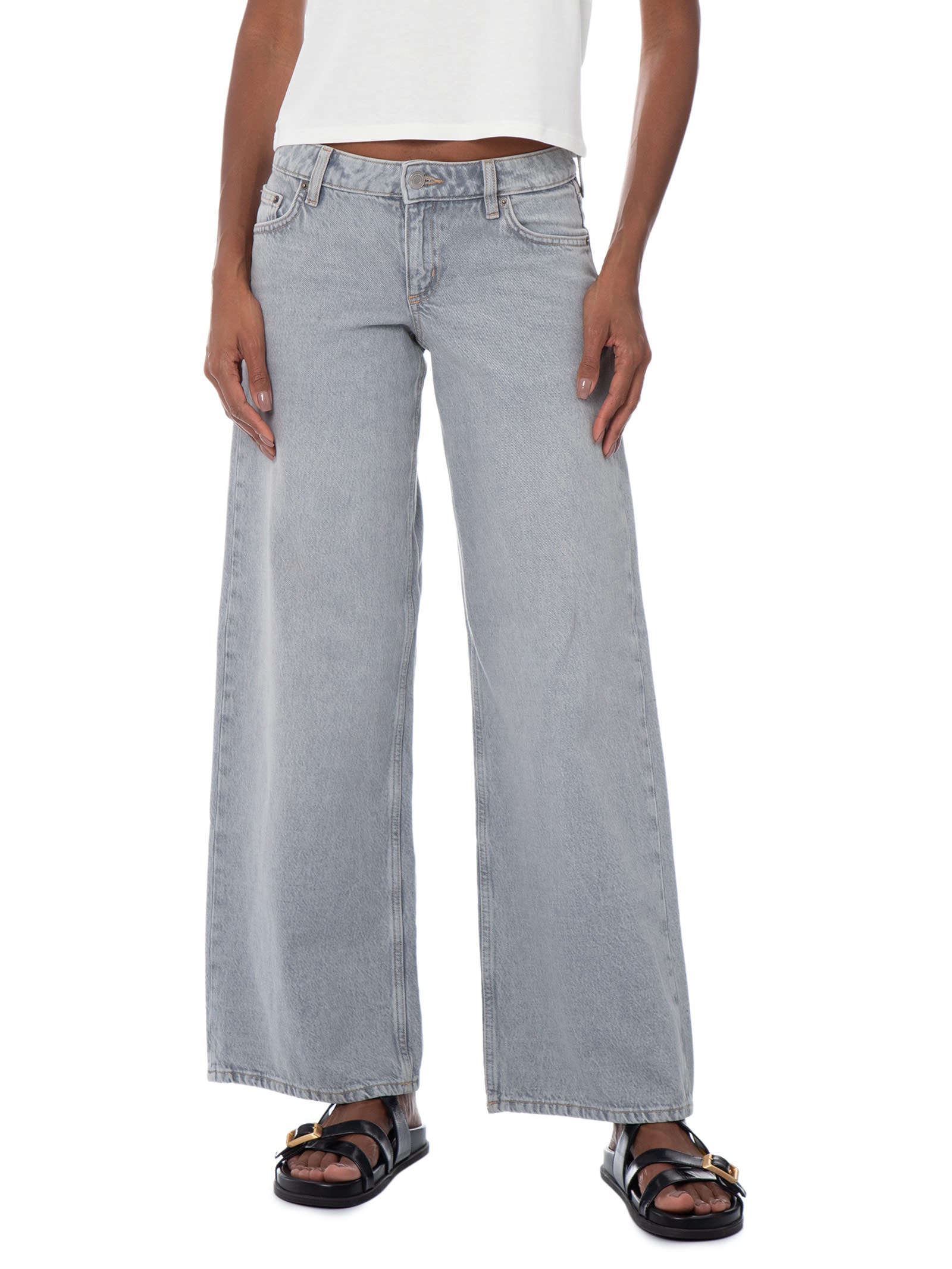 Calça Jeans Feminina Low Rise Wide – Cinza Cotton On