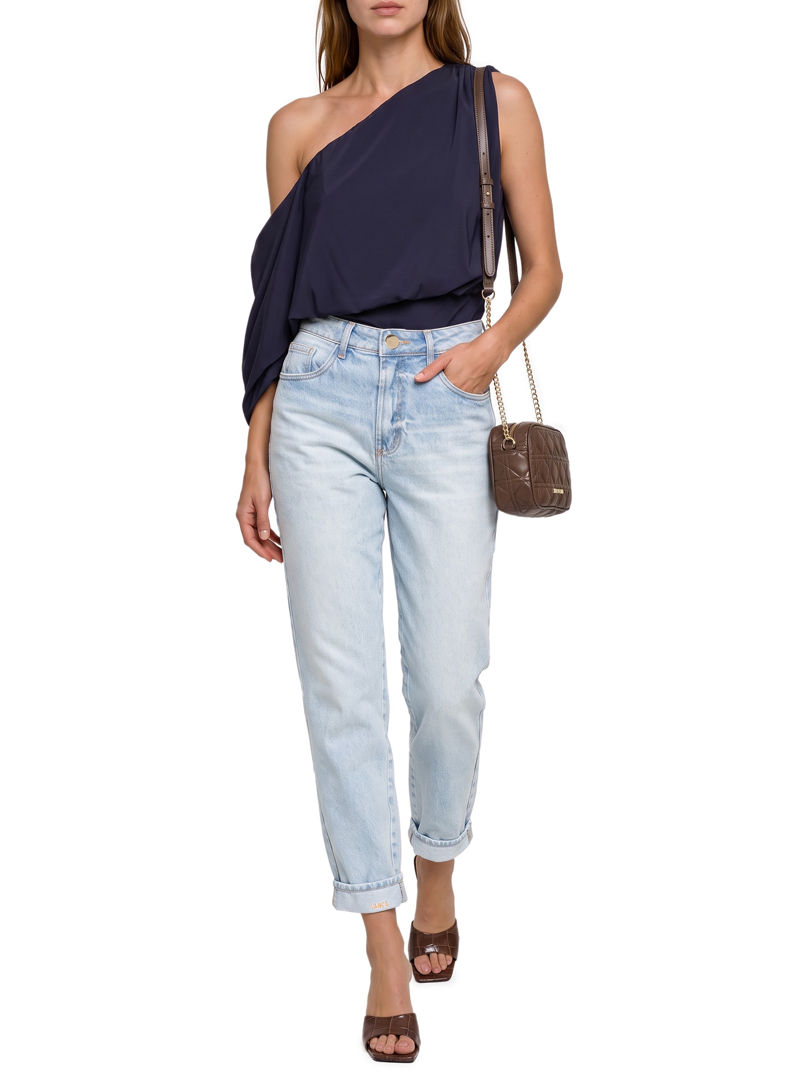 Calça Jeans Feminina Mom Cintura Alta Azul Lança Perfume