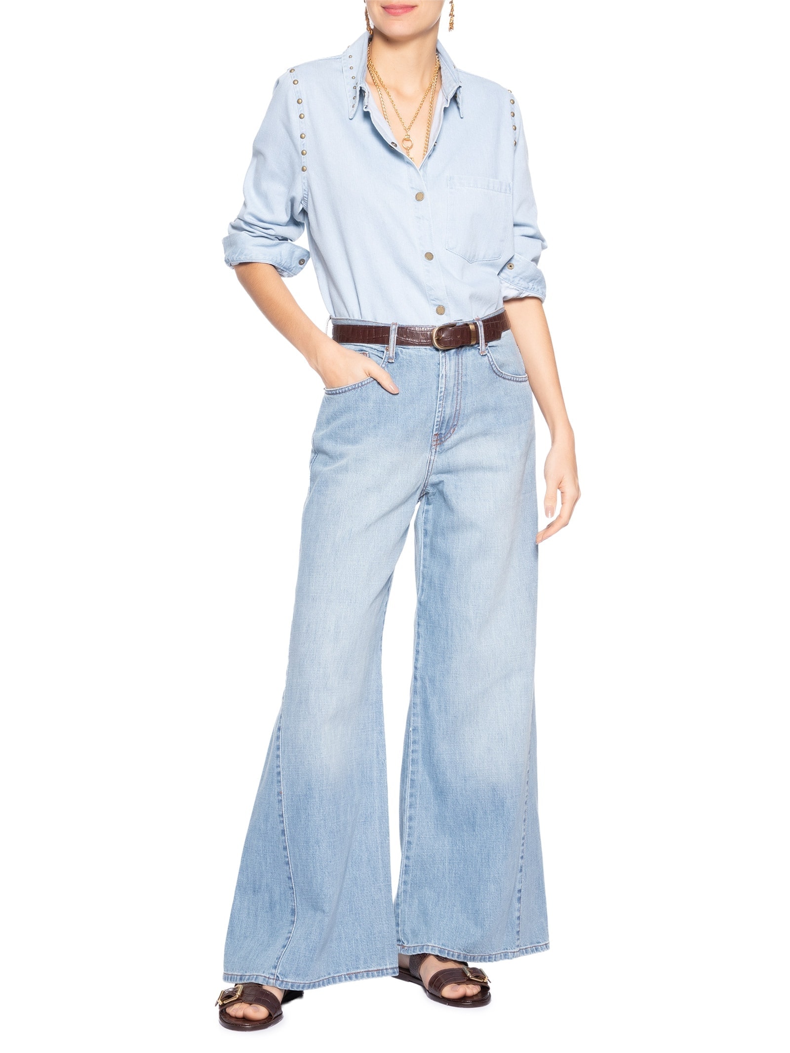 Calça Jeans Feminina Pantalona Nesgas  Azul Maria Filó