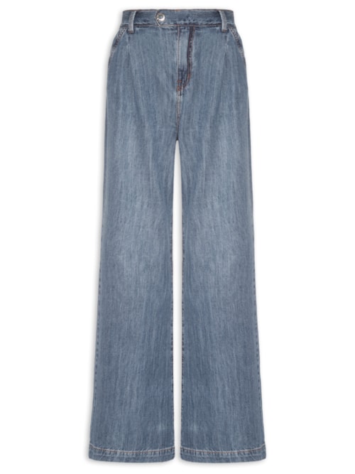 Calça Jeans Feminina Pantalona Pregas – Azul