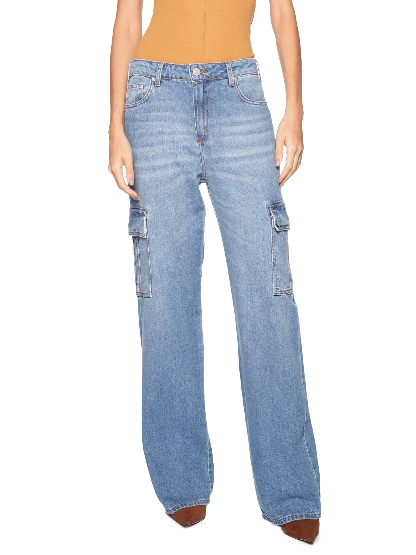 Calça Jeans Feminina Raquel Wide Leg Azul Forum + Adidas