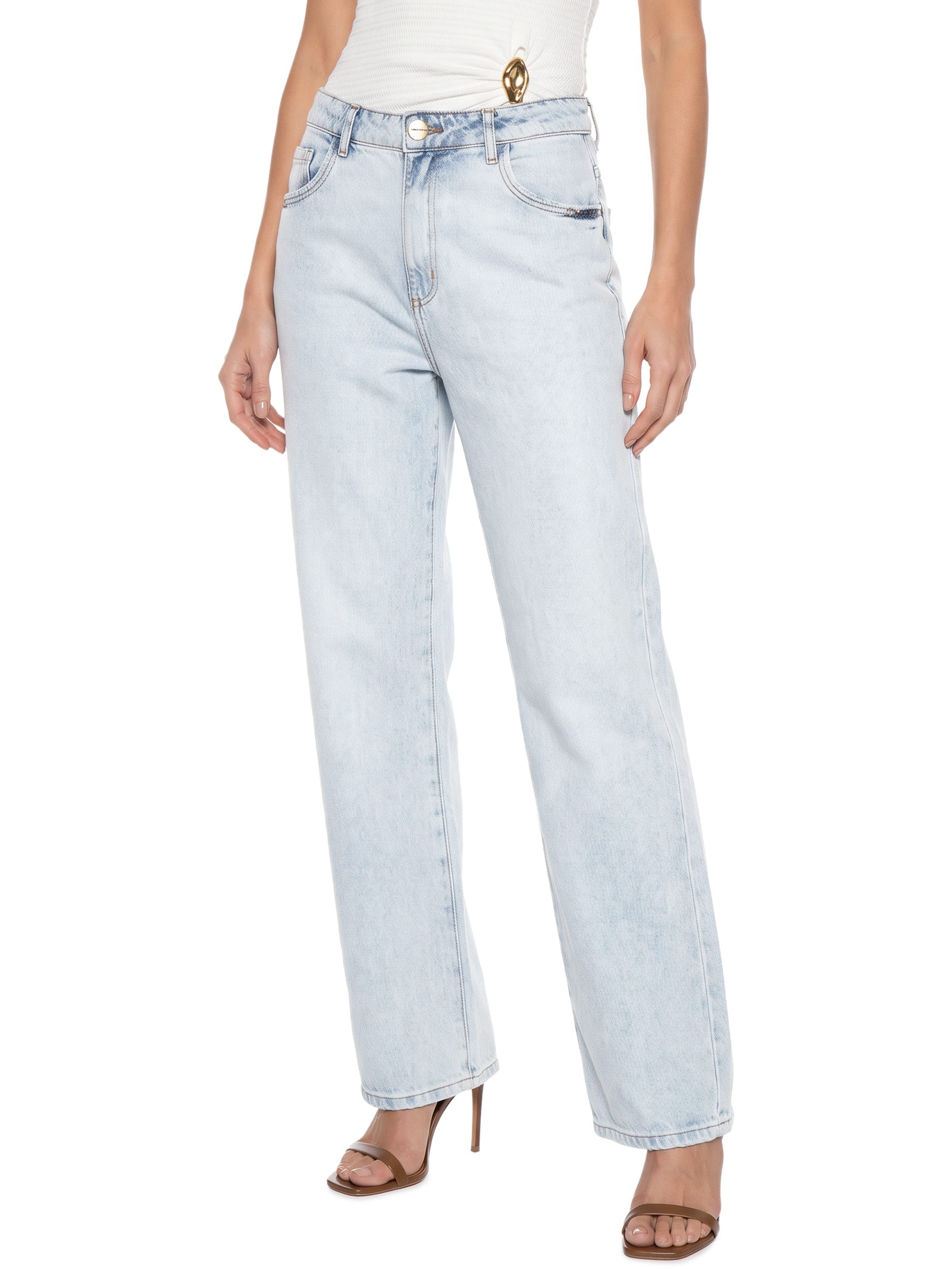 Calça Jeans Feminina Reta Cintura Média Azul Lança Perfume