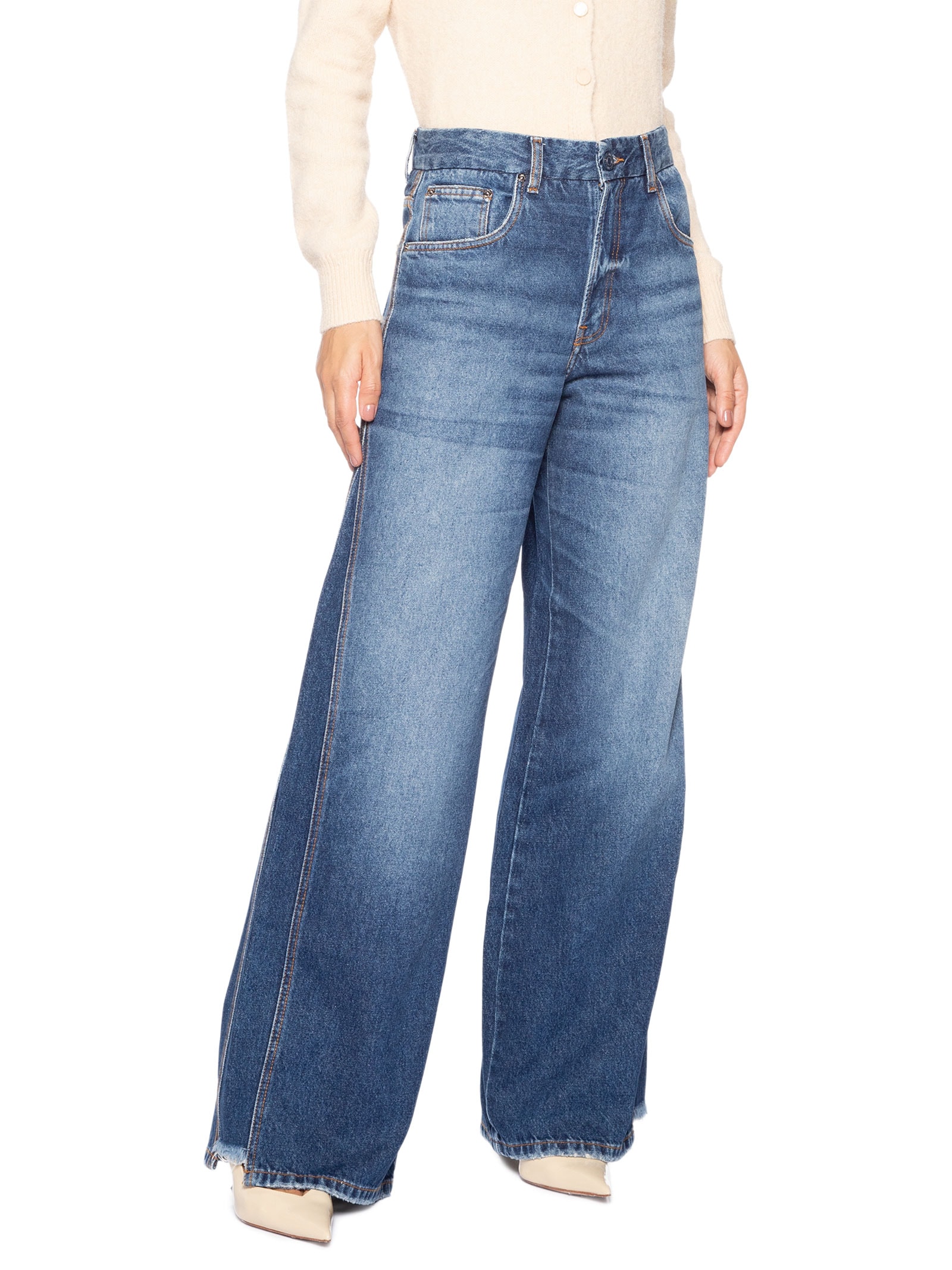 Calça Jeans Feminina Wide Leg Barra Desfiada Azul Animale Jeans