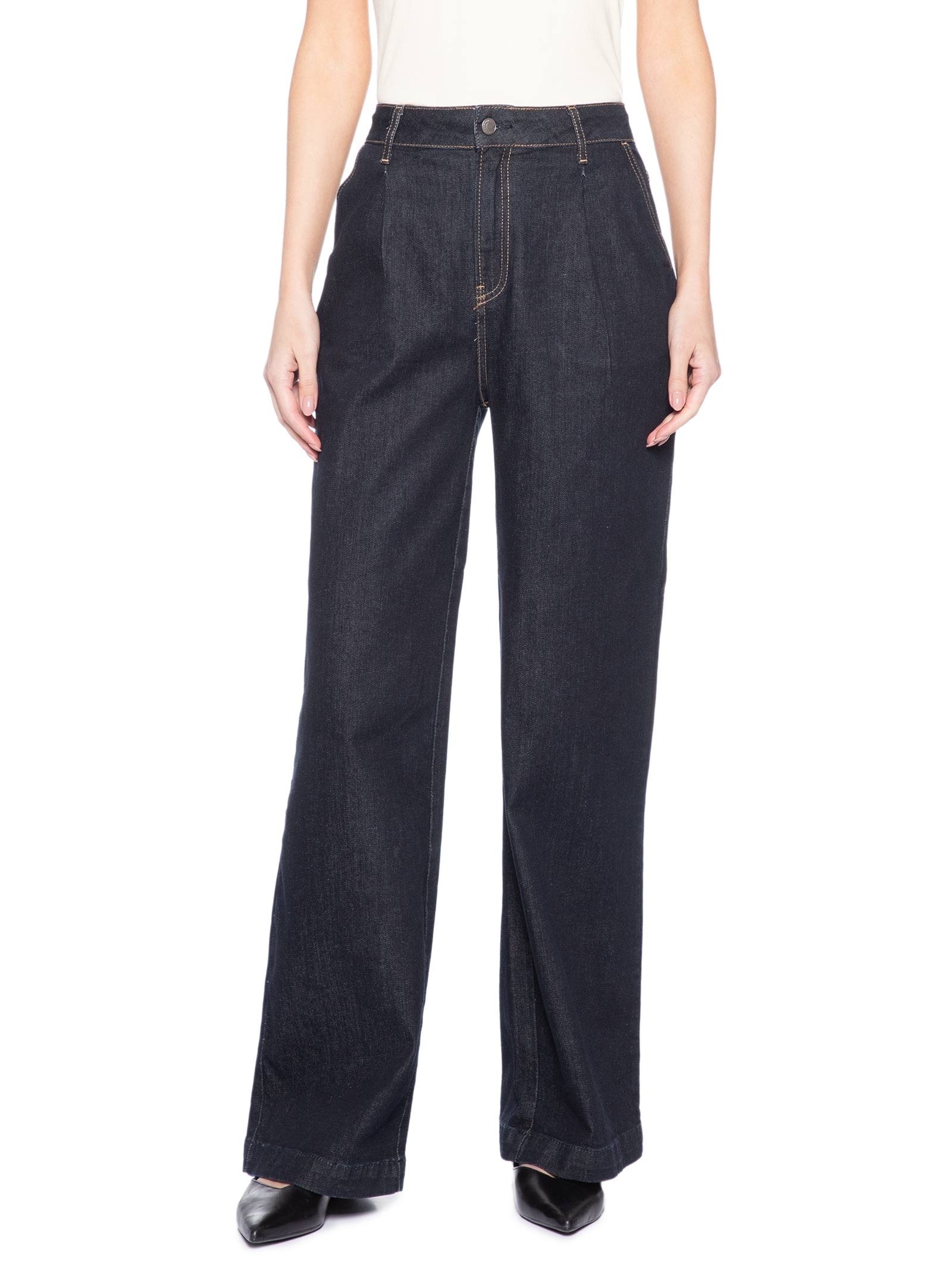 Calça Jeans Feminina Wide Leg Long com Pregas  – Azul Calvin Klein Jeans