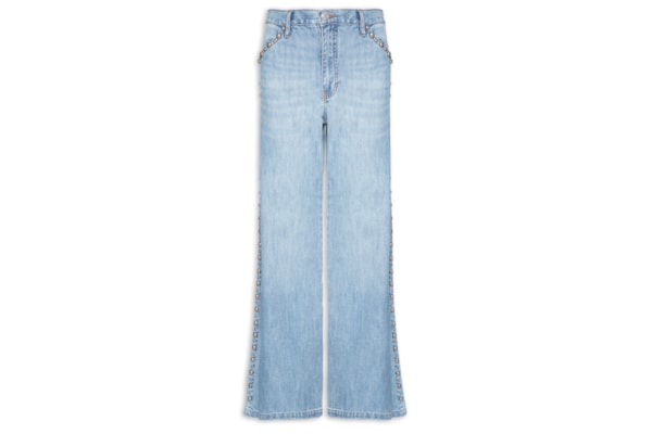 Calça Jeans Feminina Wide Leg Rebites Laterais - Azul