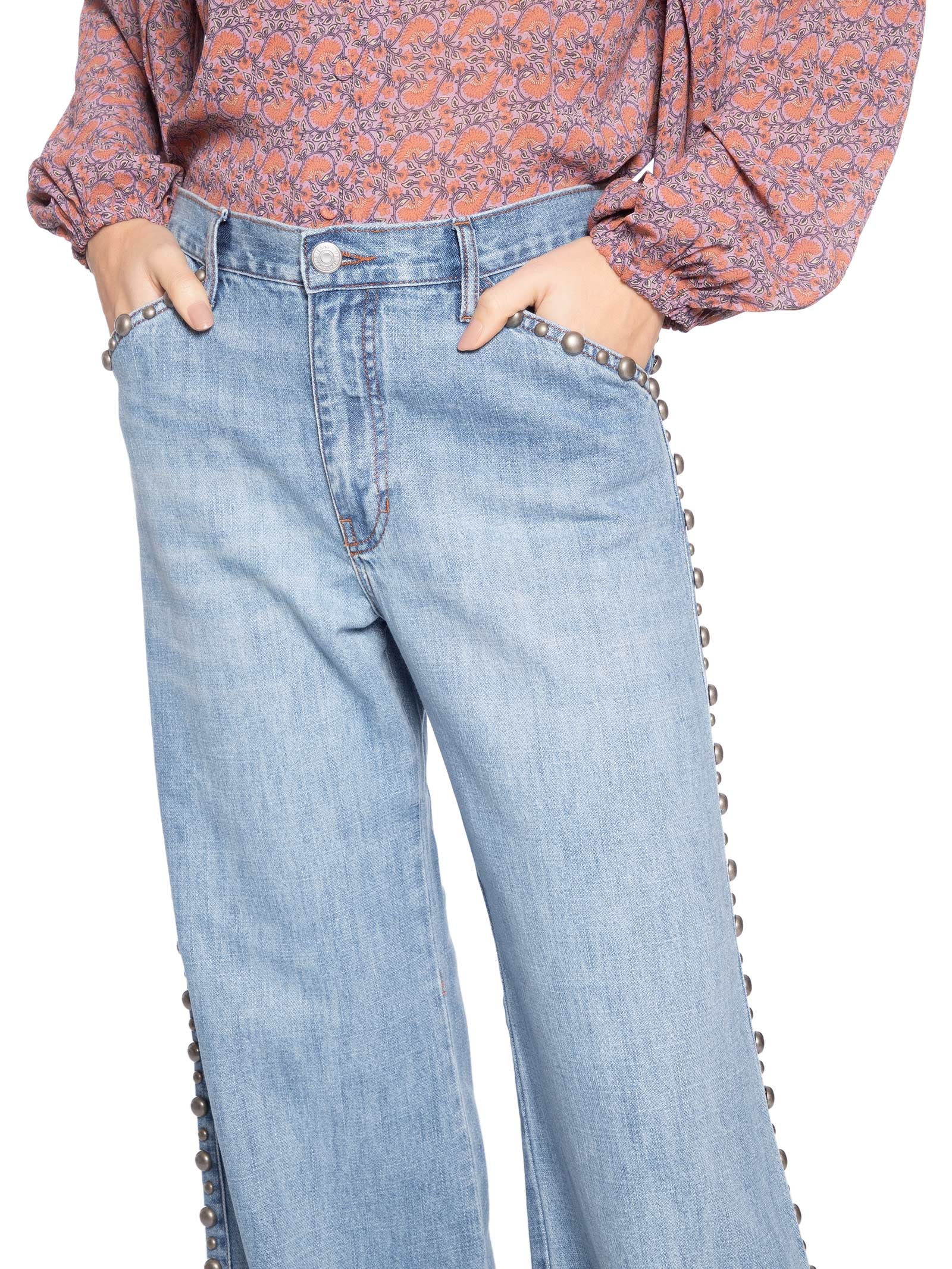 Calça Jeans Feminina Wide Leg Rebites Laterais Azul Maria Filó