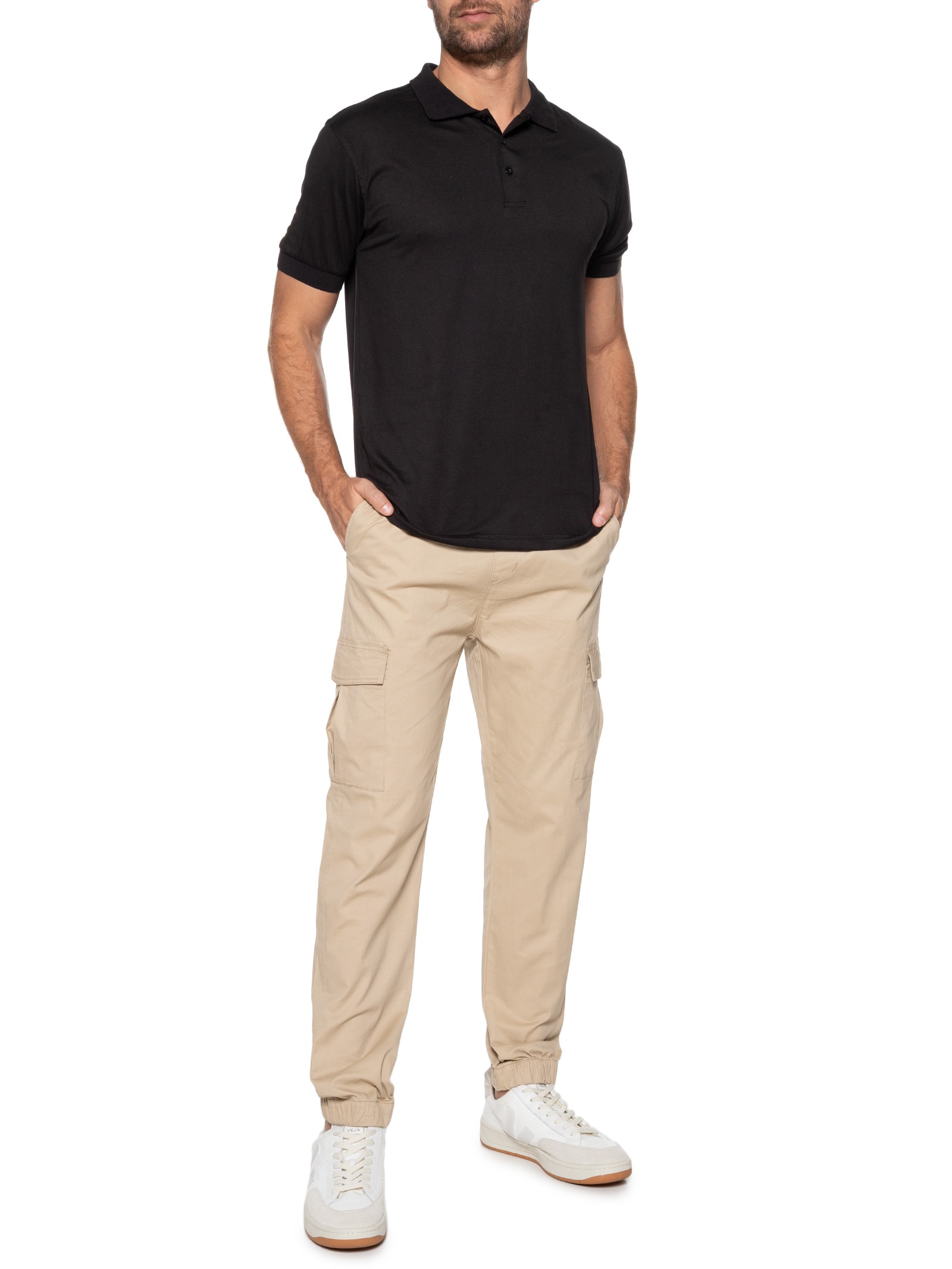 Calça Masculina Cargo Cós Elástico Em Sarja Verde Basiq Men