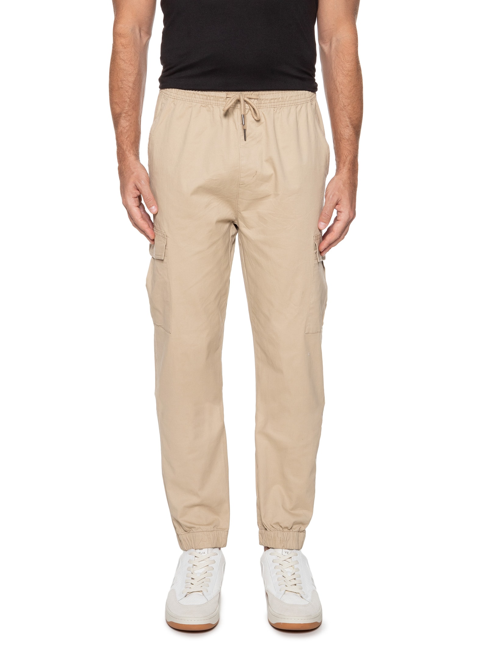 Calça Masculina Cargo Cós Elástico Em Sarja Verde Basiq Men