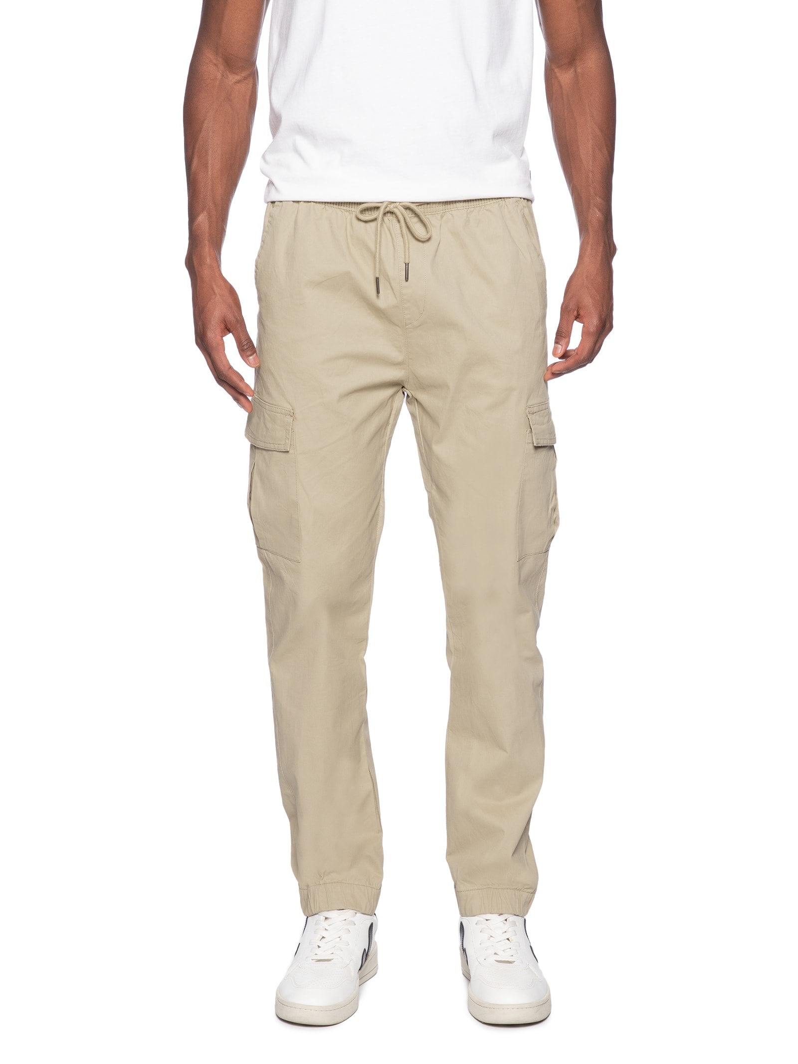 Calça Masculina Cargo Cós Elástico Em Sarja Verde Basiq Men