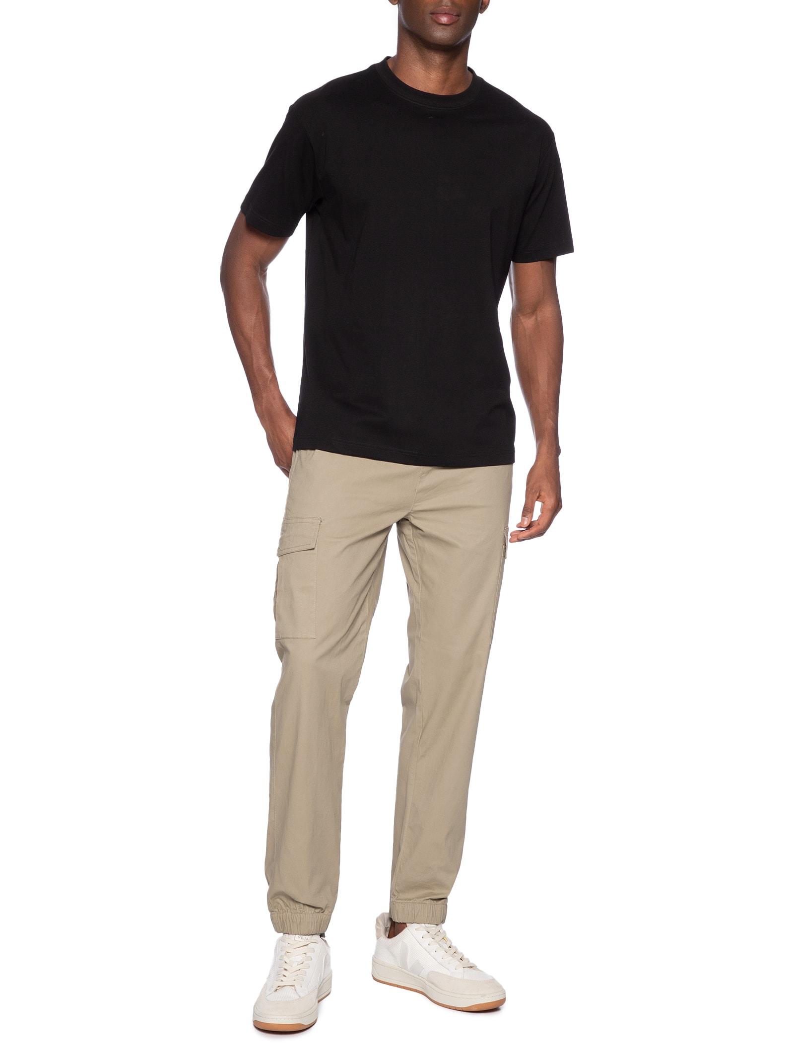 Calça Masculina Cargo Cós Elástico Em Sarja Verde Basiq Men