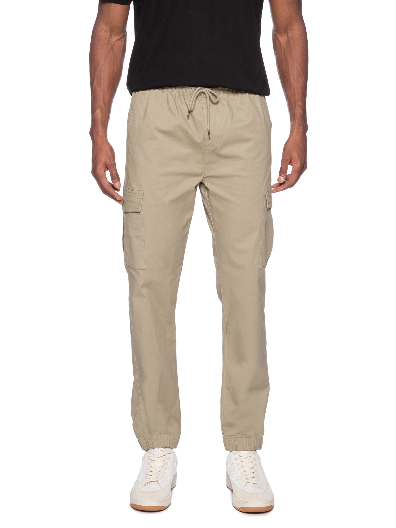 Calça Masculina Cargo Cós Elástico Em Sarja Verde Basiq Men