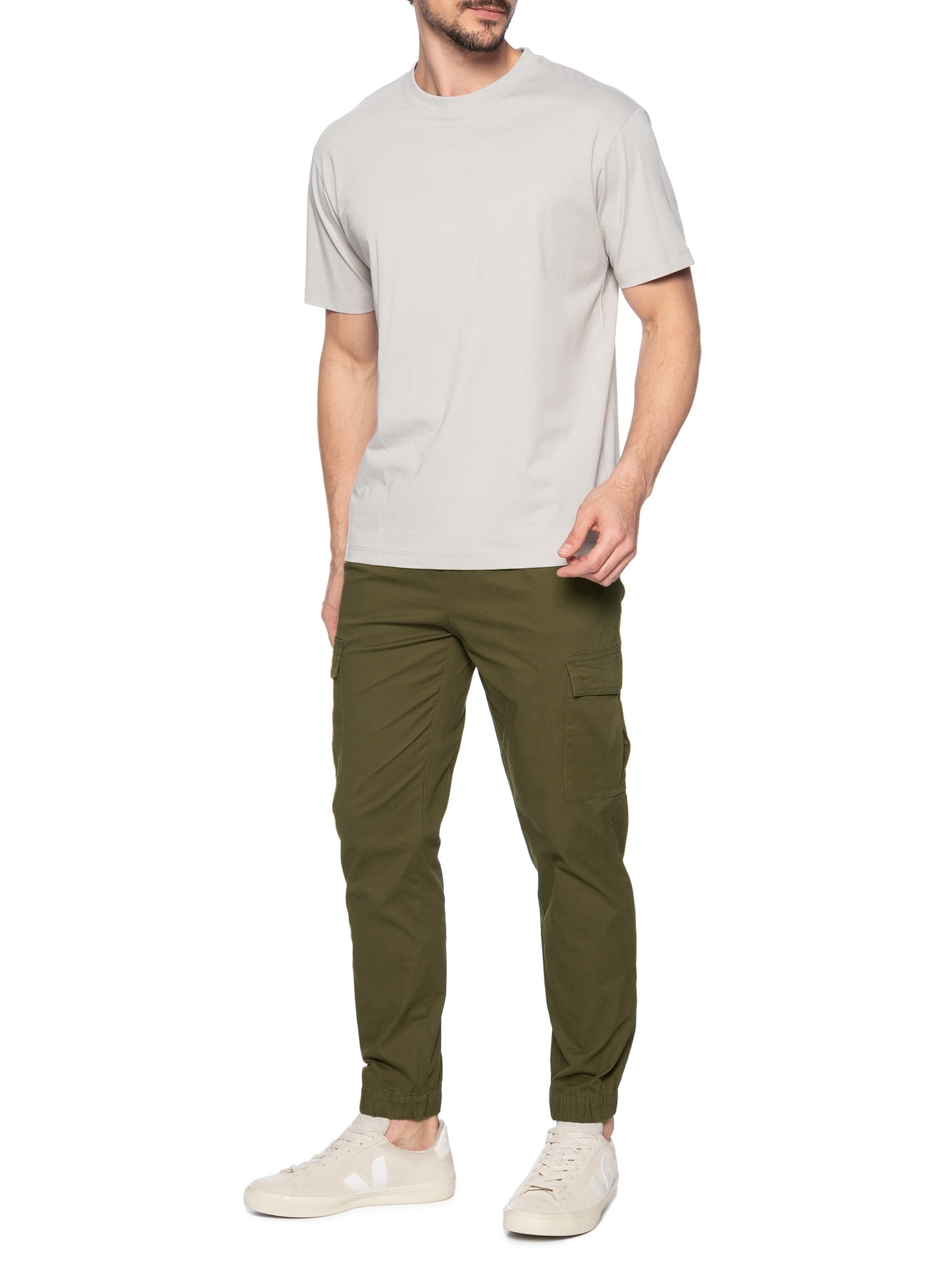 Calça Masculina Cargo Cós Elástico Em Sarja Verde Basiq Men