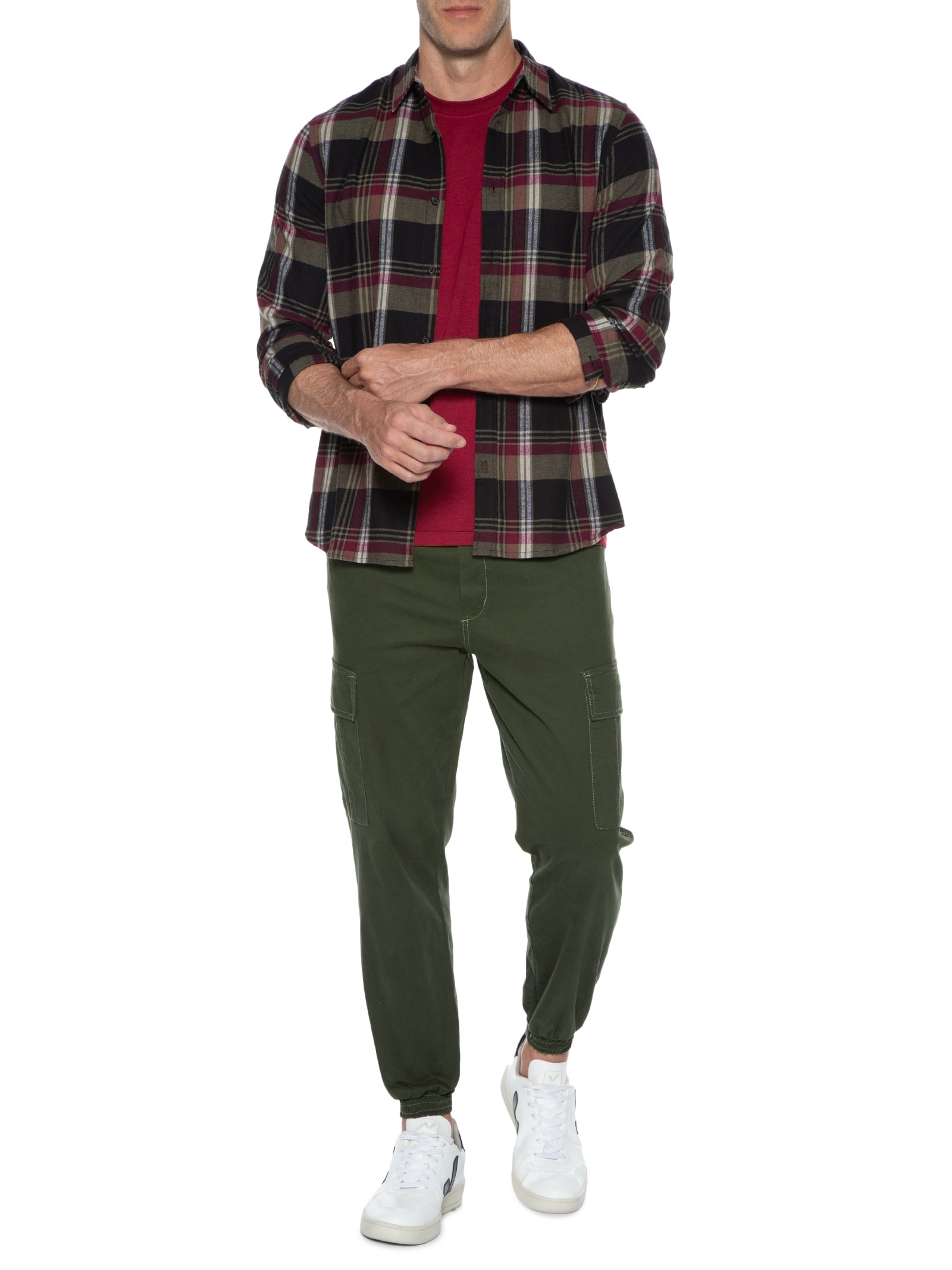 Calça Masculina Cargo Sarja Com Costura Contrastante Verde Basiq Men