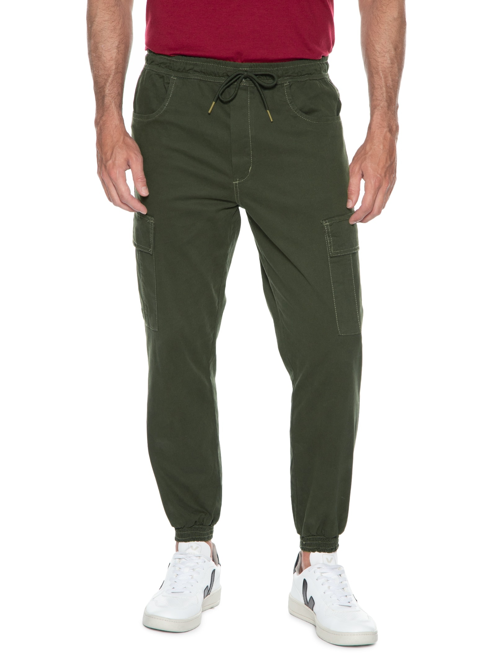 Calça Masculina Cargo Sarja Com Costura Contrastante Verde Basiq Men