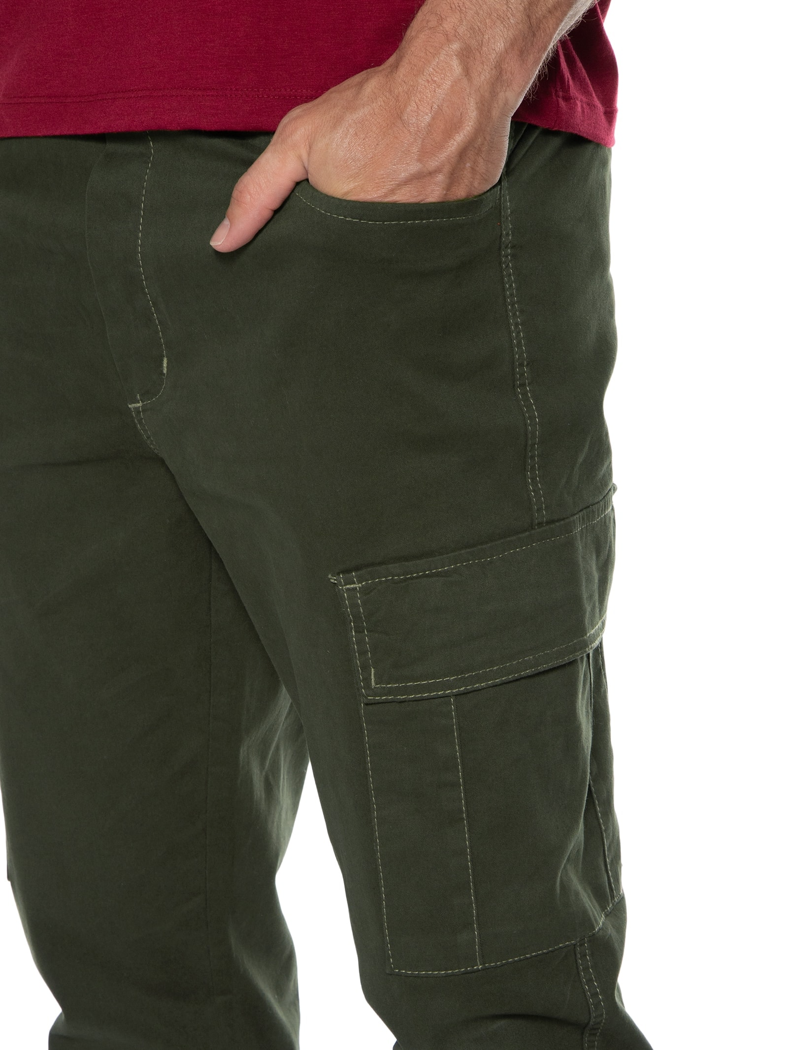 Calça Masculina Cargo Sarja Com Costura Contrastante Verde Basiq Men