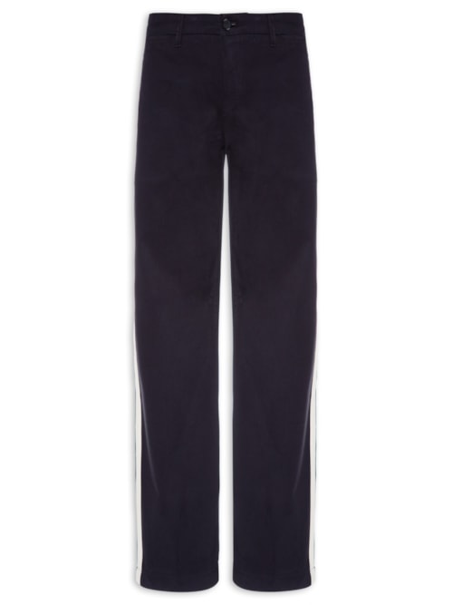 Calça Masculina Chino Corte Reto Com Crocodilo Bordado E Listra Contrastante - Azul