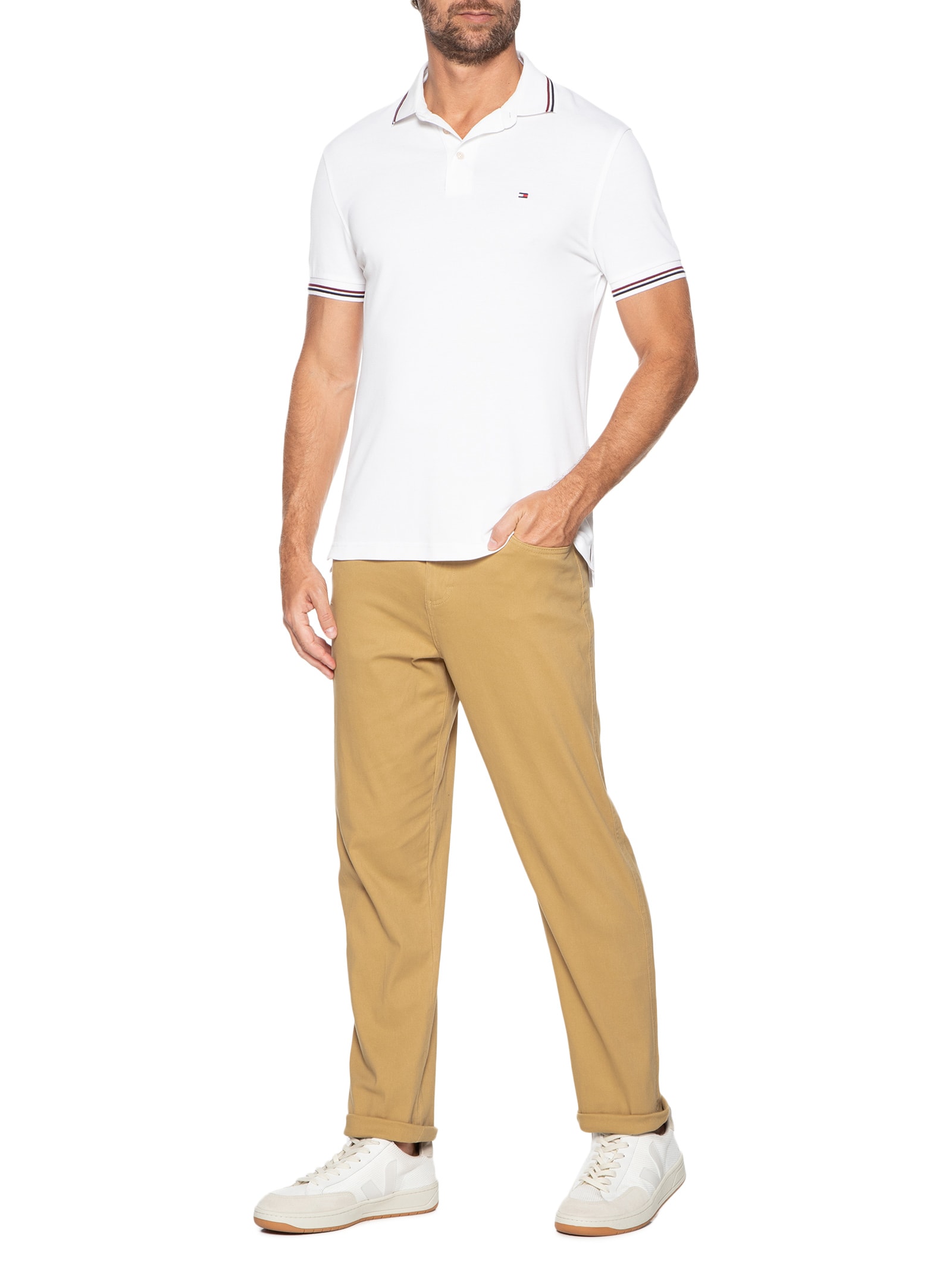 Calça Masculina Chino Sarja Color Bege Basiq Men