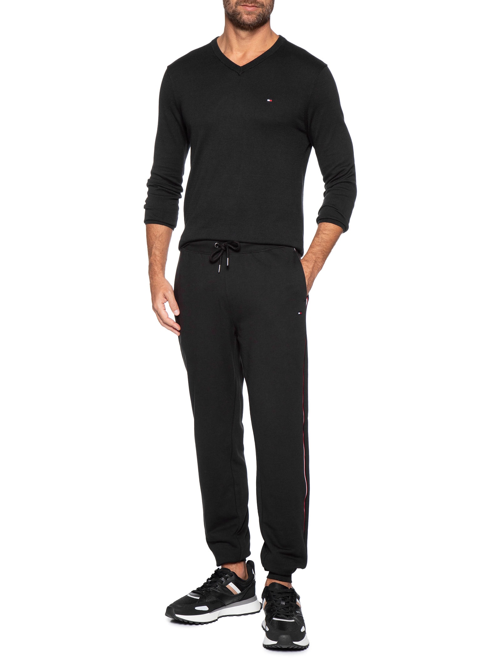 Calça Masculina Global Stripe em Moletom – Preto Tommy Hilfiger