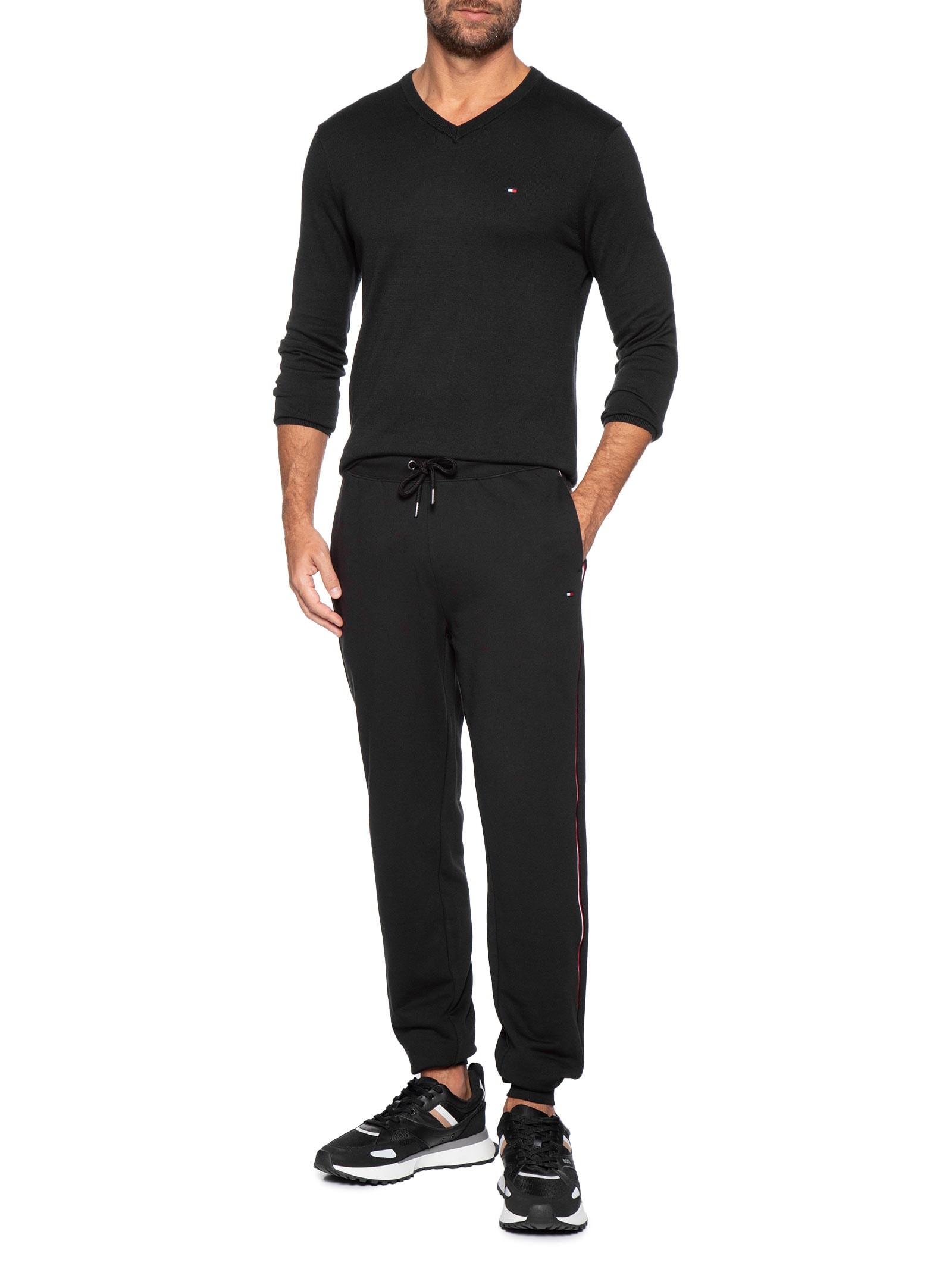 Calça Masculina Global Stripe em Moletom – Preto Tommy Hilfiger