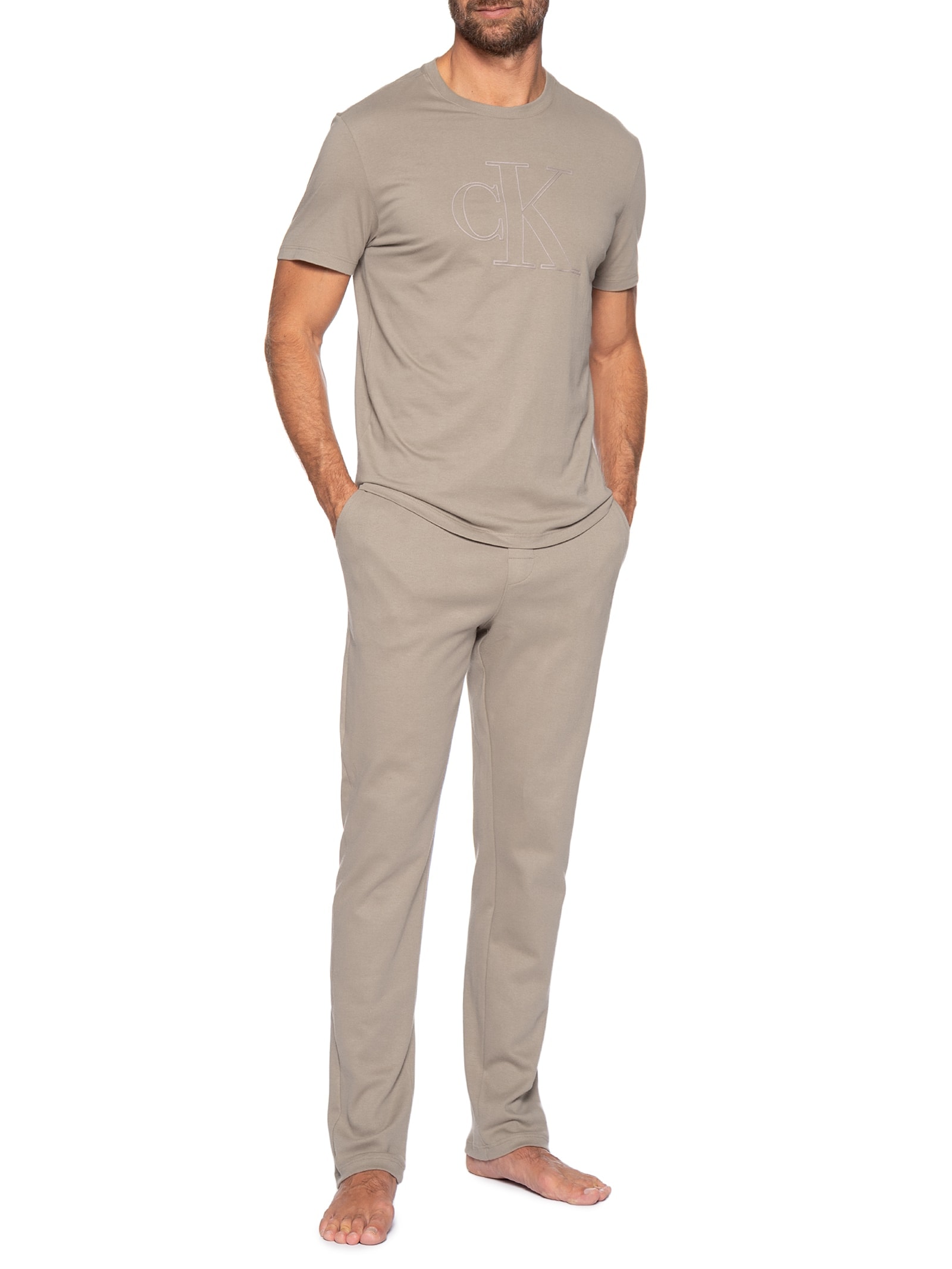 Calça Masculina Moletom Reta Com Bolsos Suedine Bege Calvin Klein Underwear