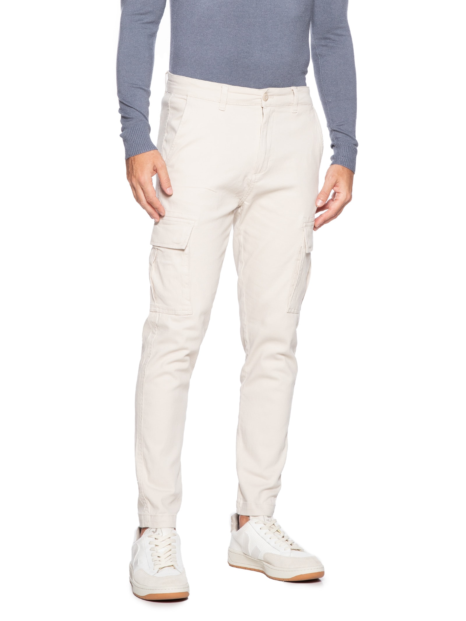 Calça Masculina Sarja Bolso Cargo Bege Basiq Men