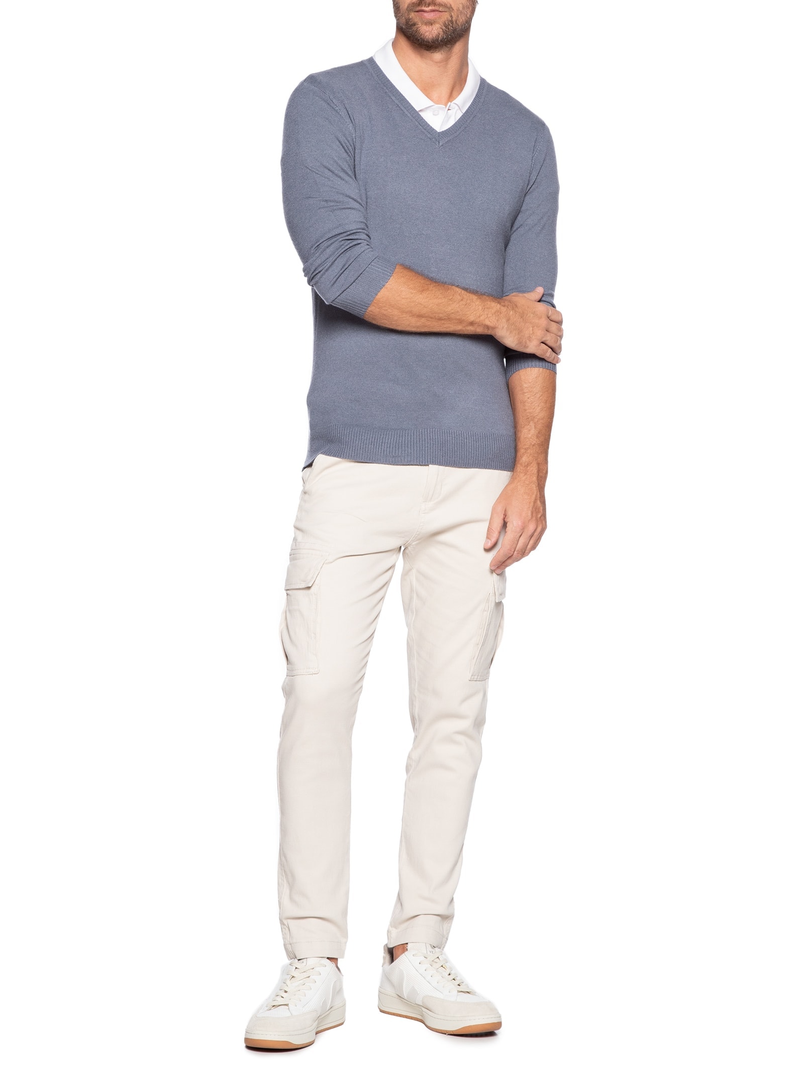 Calça Masculina Sarja Bolso Cargo Bege Basiq Men
