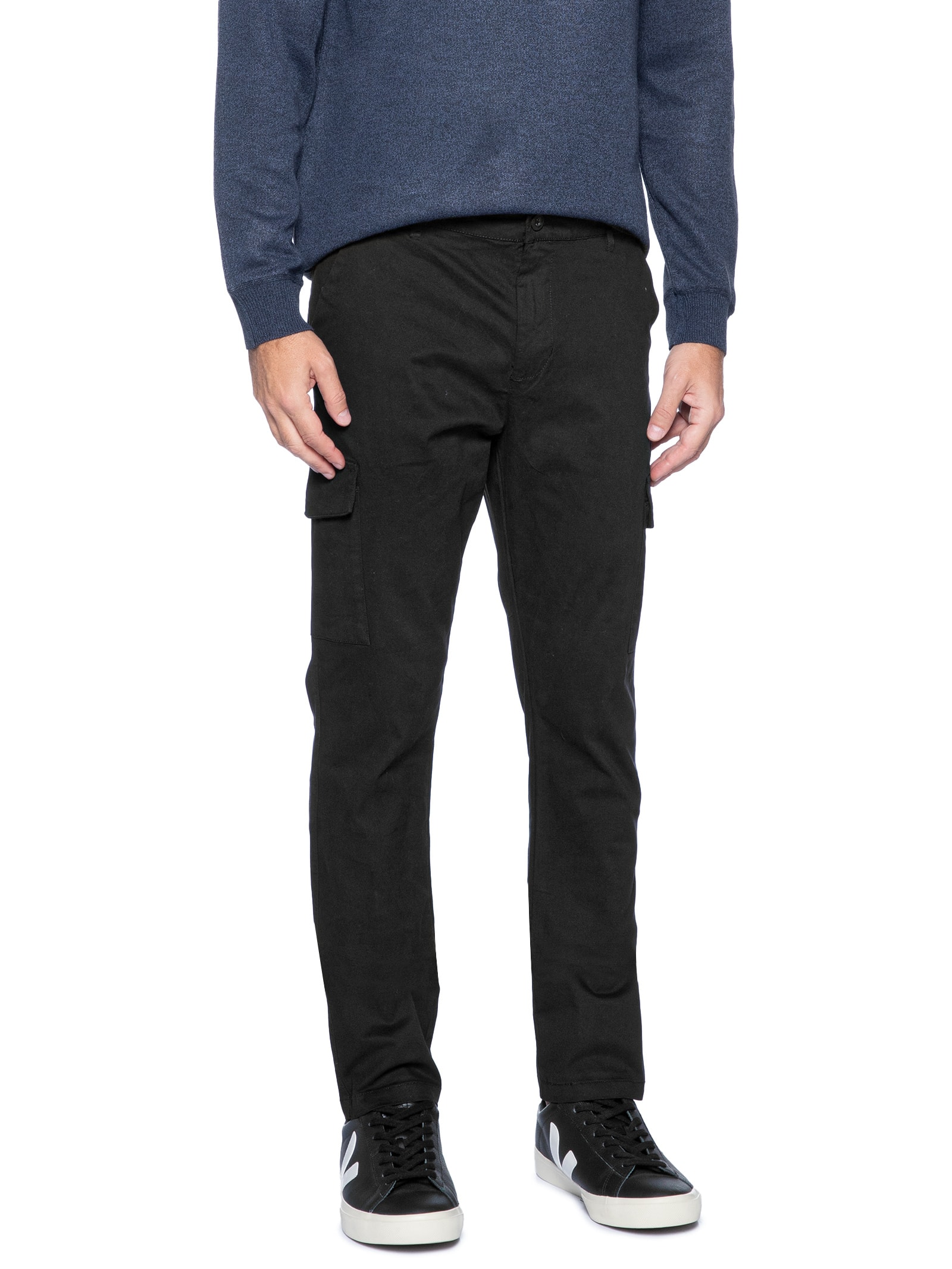 Calça Masculina Sarja Bolso Cargo Preto Basiq Men