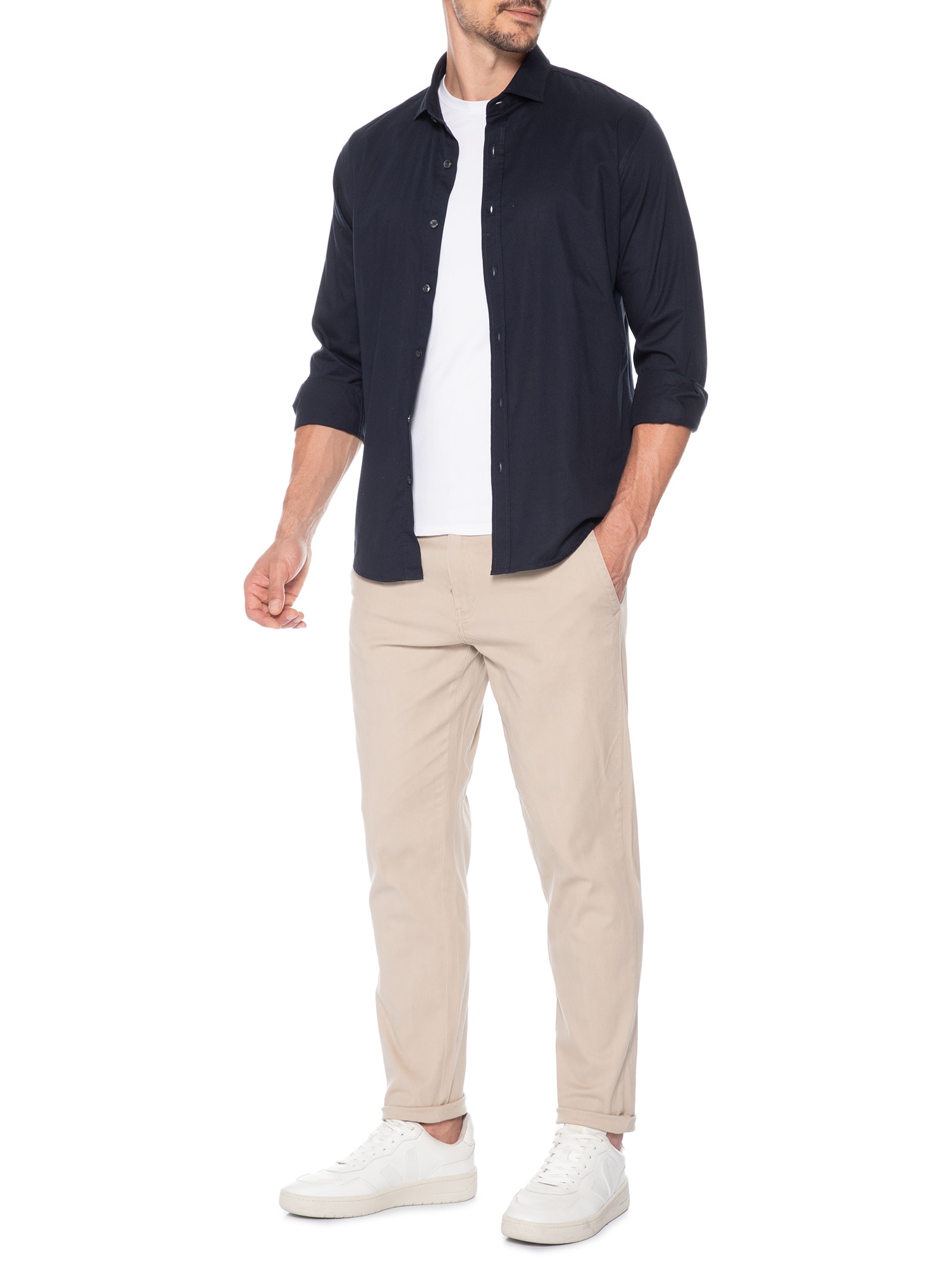 Calça Masculina Sarja Color Reta Bege Basiq Men