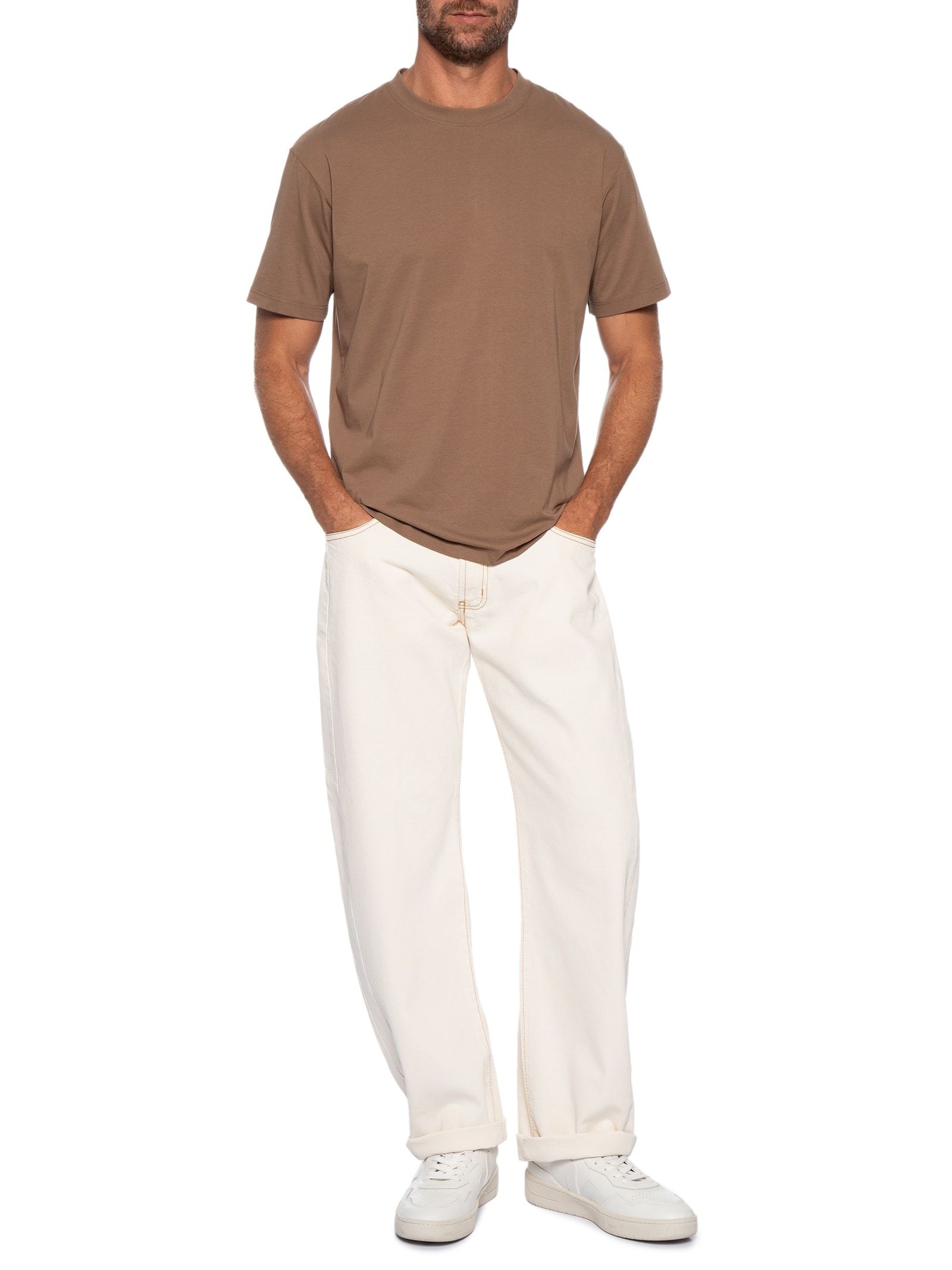 Calça Masculina Sarja com Recortes Baggy Branco Basiq Men