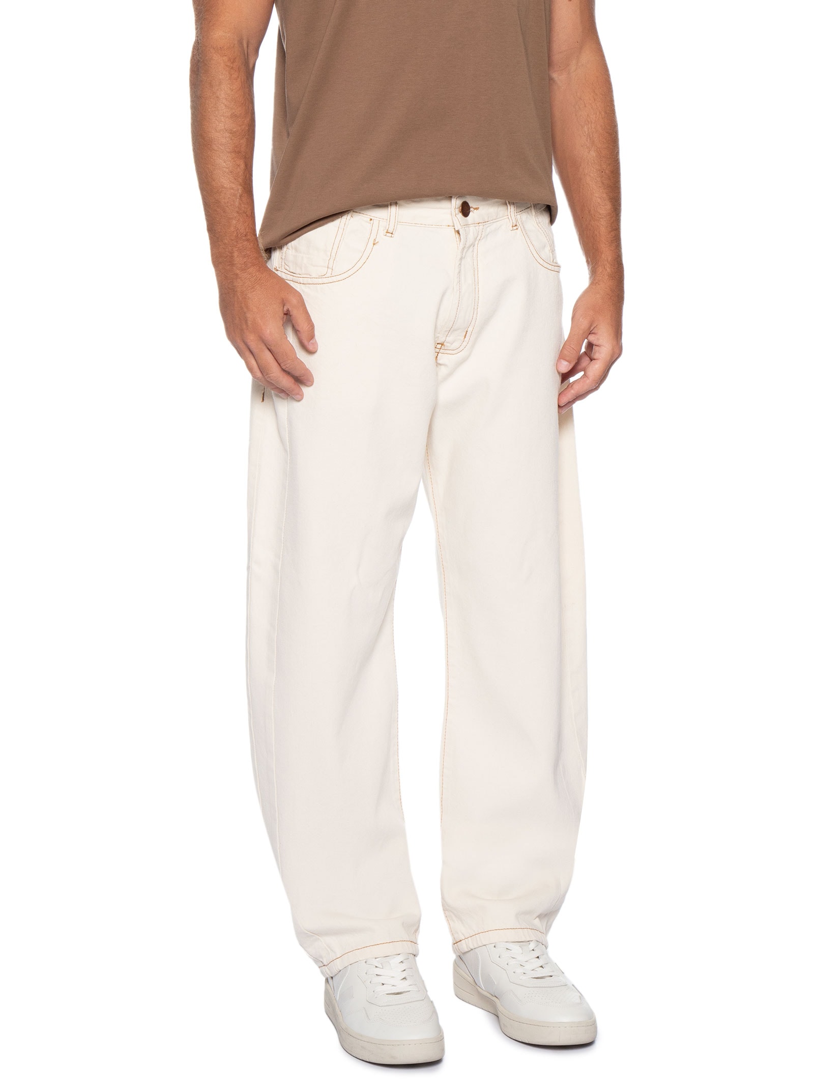 Calça Masculina Sarja com Recortes Baggy Branco Basiq Men