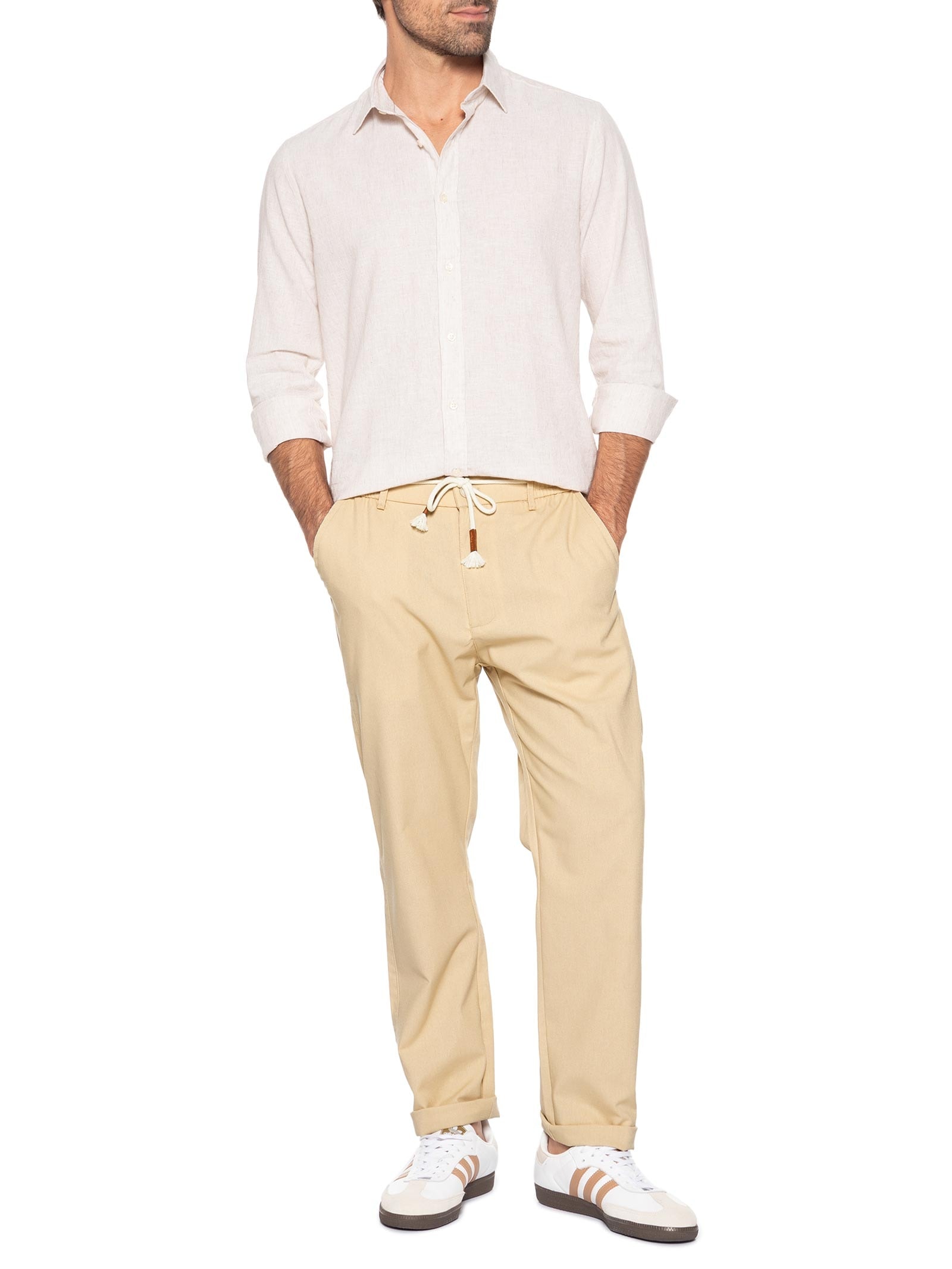 Calça Masculina Sarja Cós Elástico Cordão Slim Bege '2 Essential