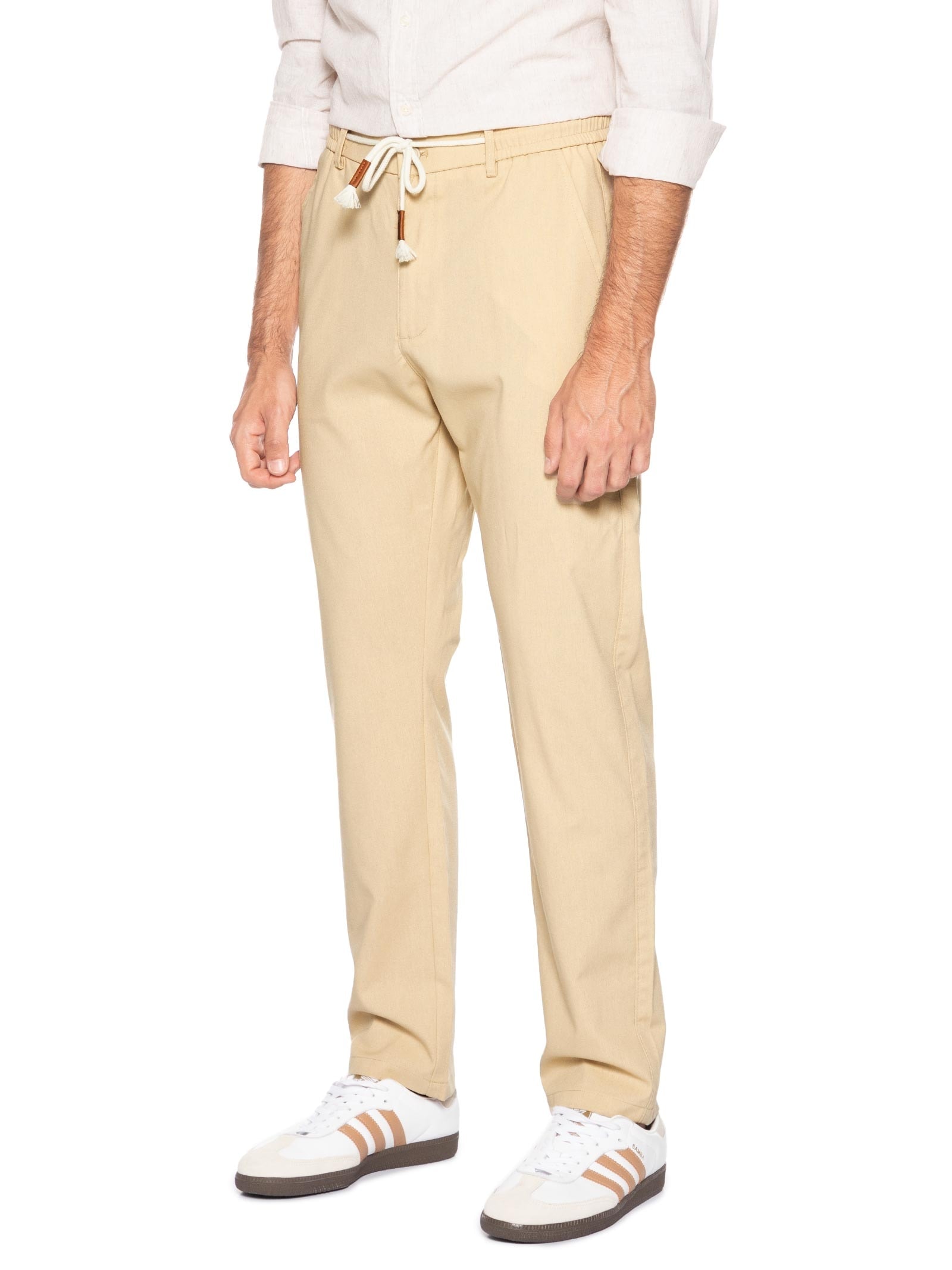 Calça Masculina Sarja Cós Elástico Cordão Slim Bege '2 Essential