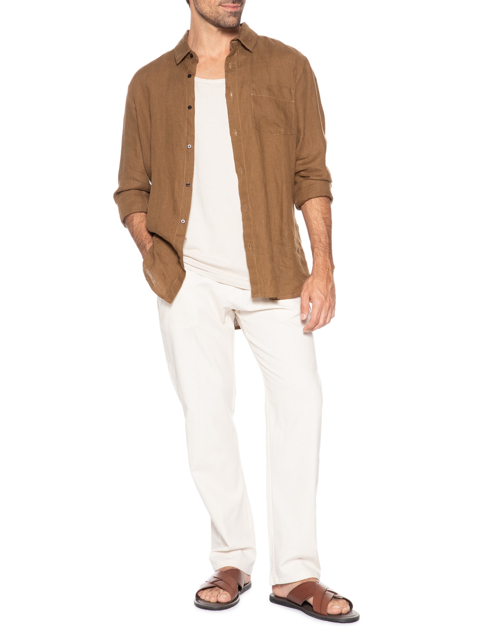 Calça Masculina Sarja Cós Elástico Cordão Slim Off White '2 Essential