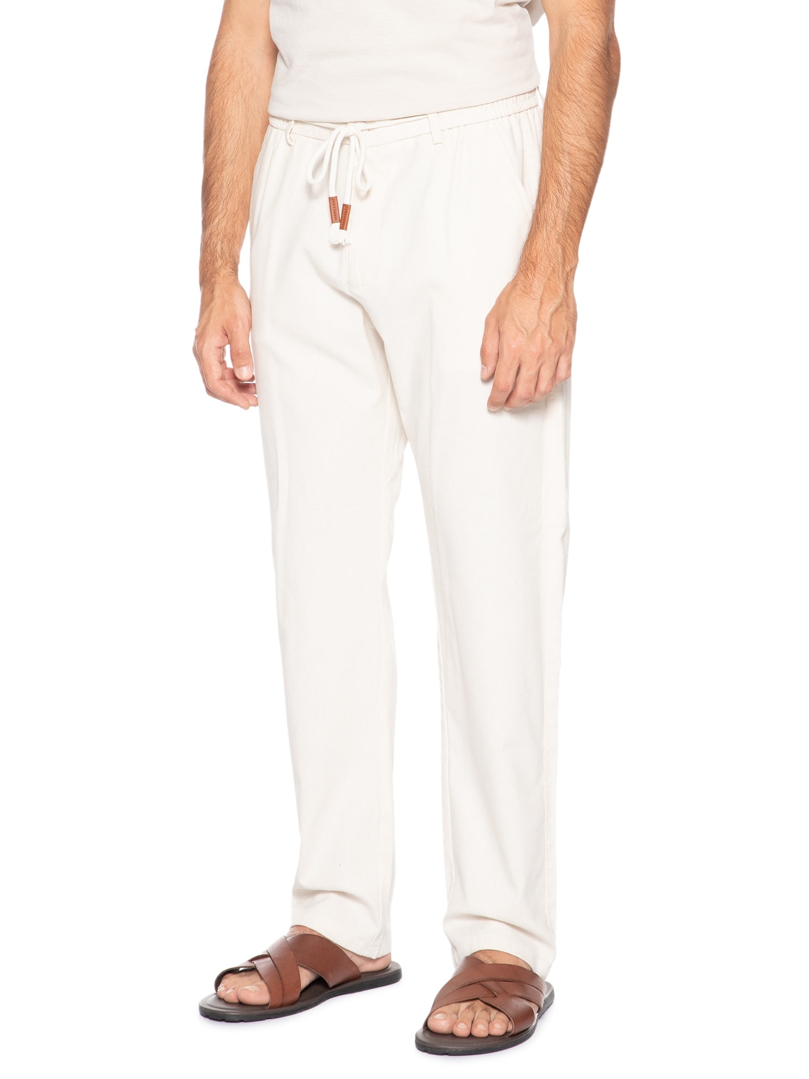Calça Masculina Sarja Cós Elástico Cordão Slim Off White '2 Essential