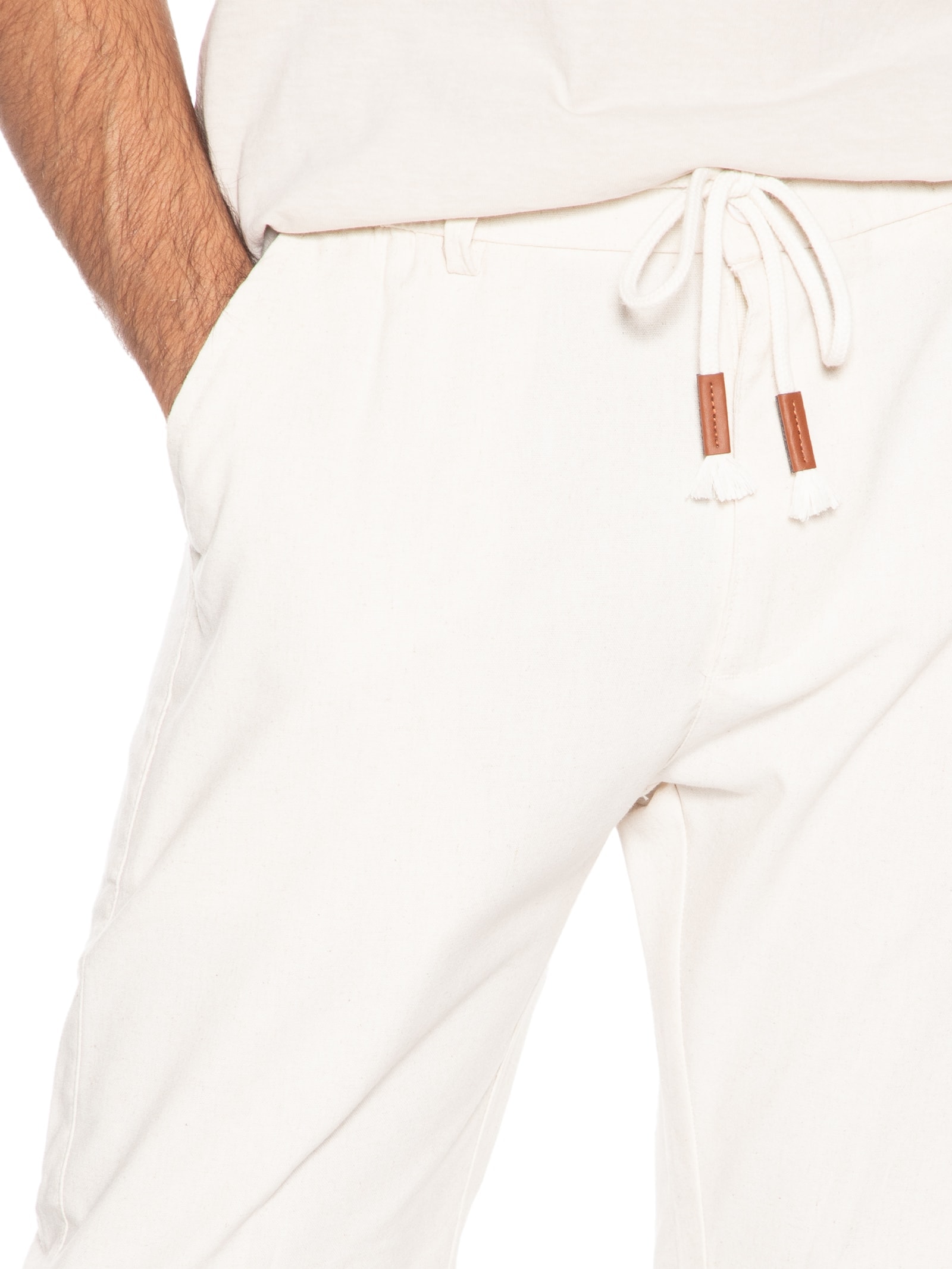 Calça Masculina Sarja Cós Elástico Cordão Slim Off White '2 Essential