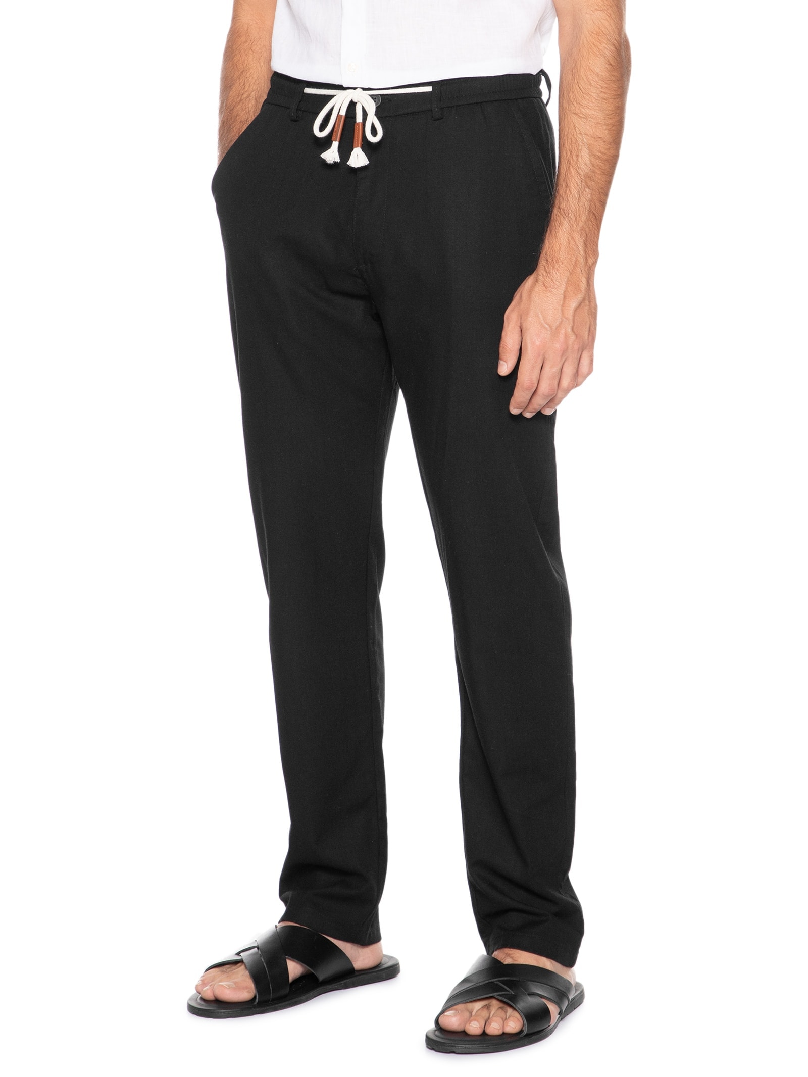 Calça Masculina Sarja Cós Elástico Cordão Slim Preto '2 Essential