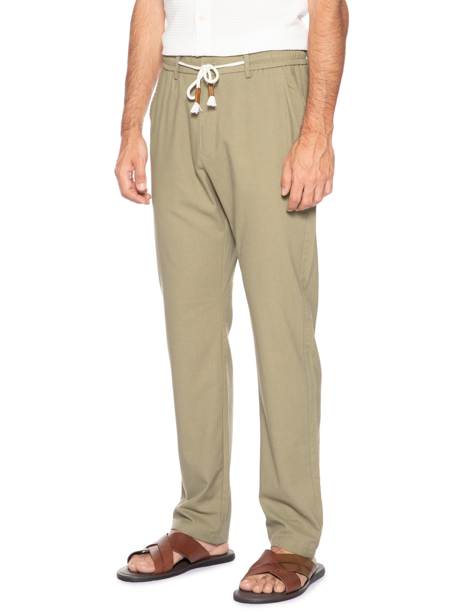 Calça Masculina Sarja Cós Elástico Cordão Slim Verde '2 Essential