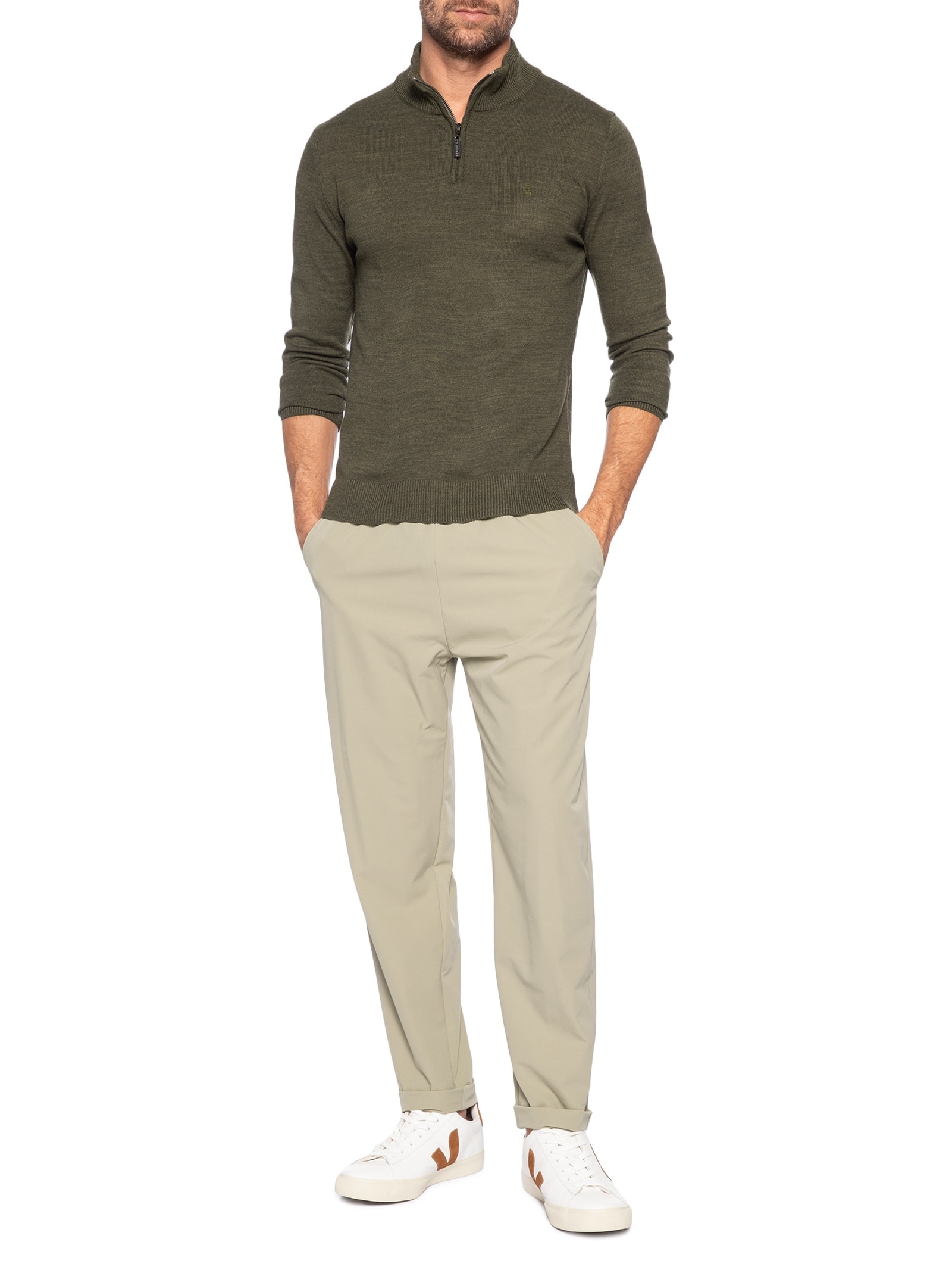 Calça Masculina Slim Com Elástico No Cós Bege Basiq Men