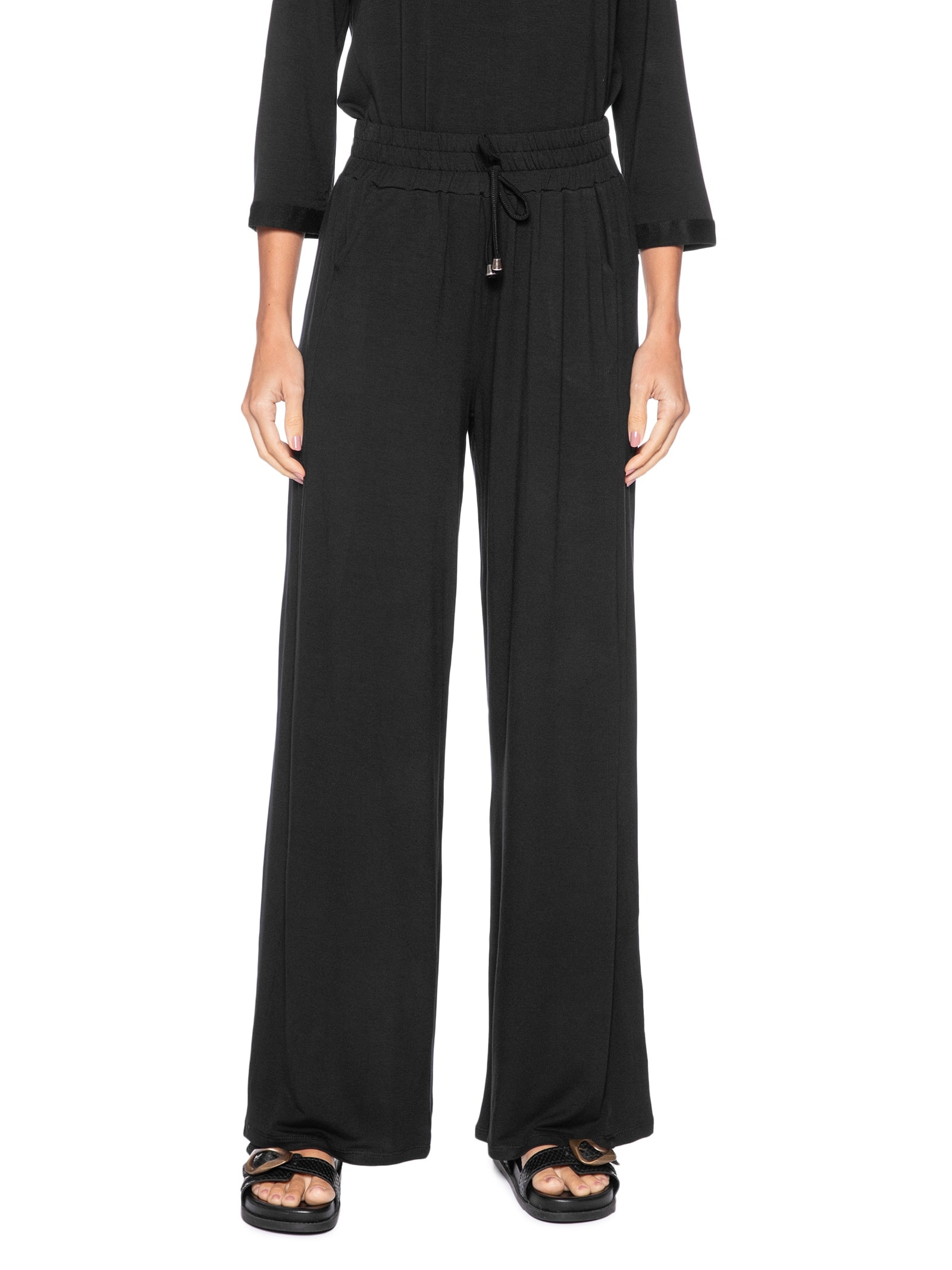 Calça Pantalona com Cordão Feminina Preto Basiq
