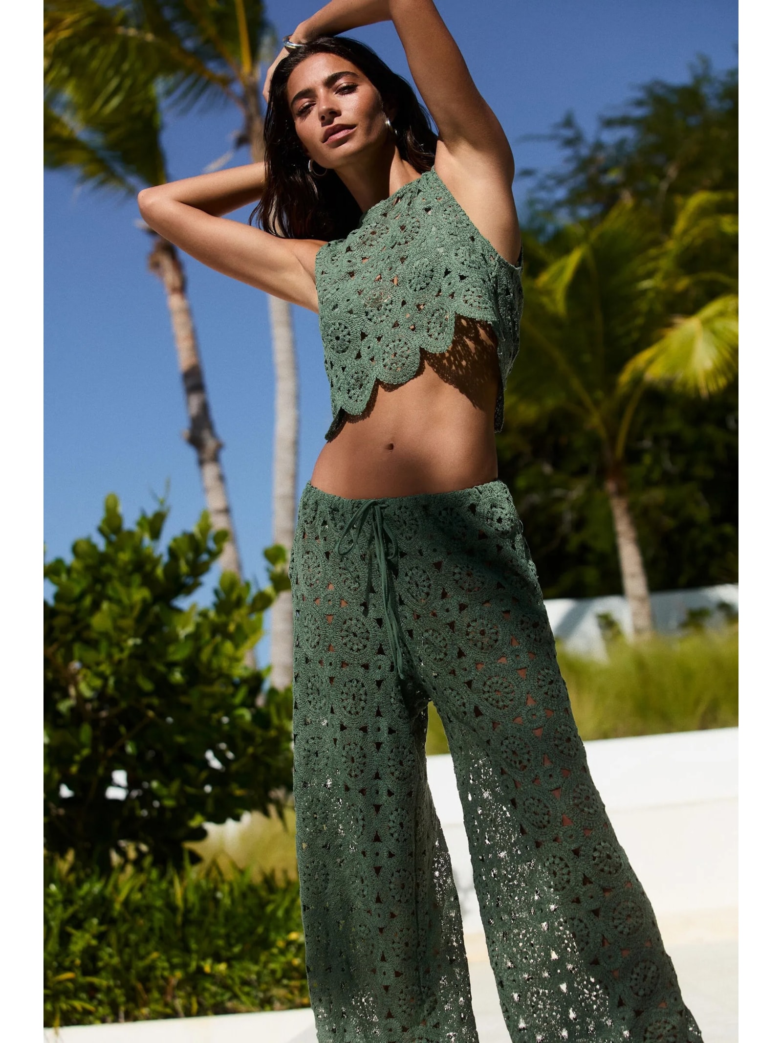 Calça Pantalona Em Crochê Geométrico Verde Calzedonia